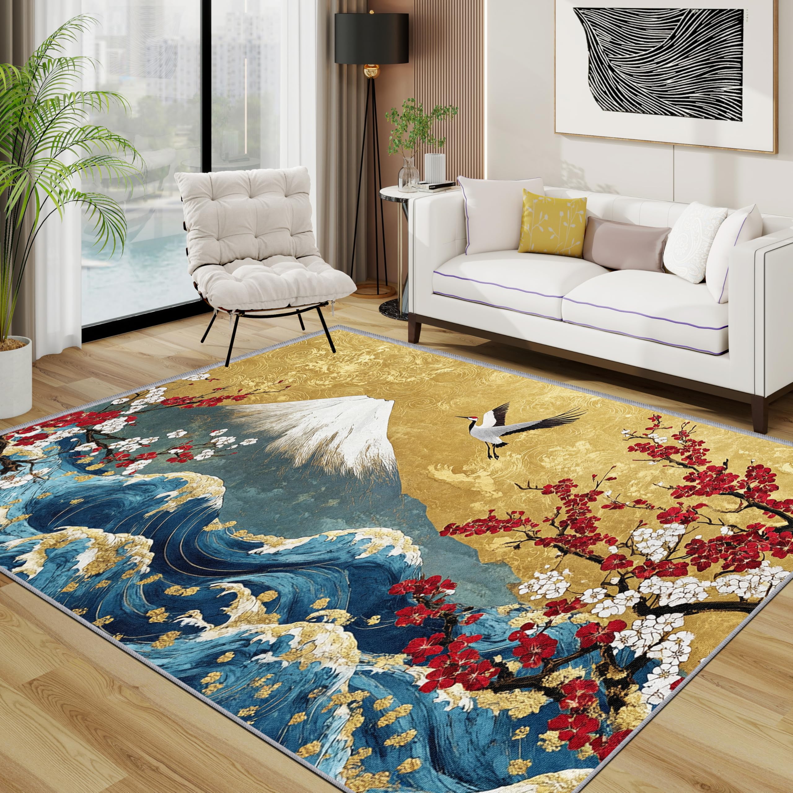 Japanese Area Rugs for Living Room 120x180 - Mount Fuji Landscape Rug for Bedroom, Cherry Blossom Wave Crane Non Slip Washable Short Pile Carpet, Japanese House Decor