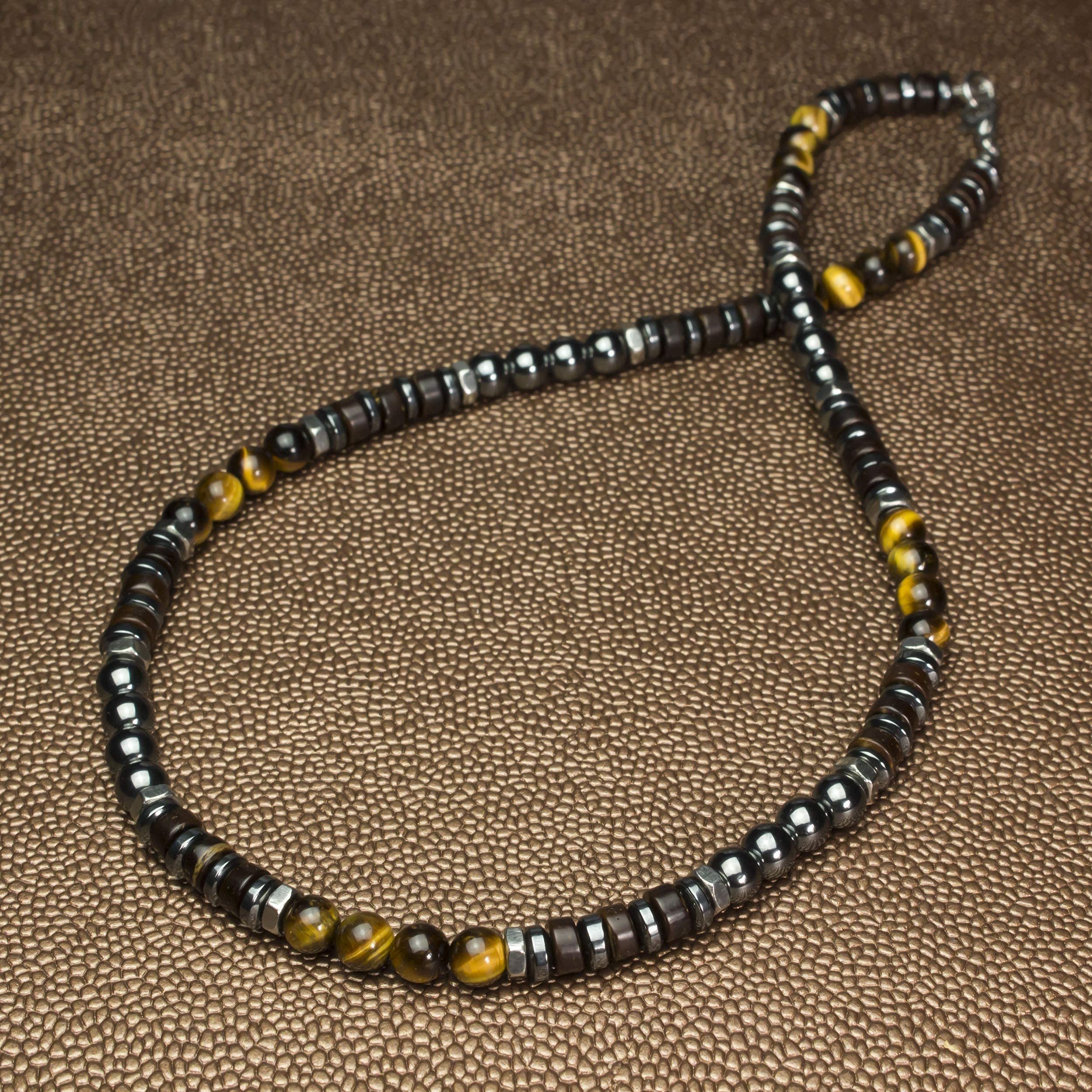 Collier Homme/Femme perles Ø 6 mm pierre naturelle gemme Œil de tigre Hématite Bois coco métal INOX couleur argent Style antique Fait main en France
