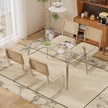 51" Modern Glass Dining Table & Rattan Chairs Set, 5-Piece Kitchen Table with 4 Velvet Dining Chairs Set- Metal Frame, Non-Slip Legs, Space-Saving Rectangular DesignBeige