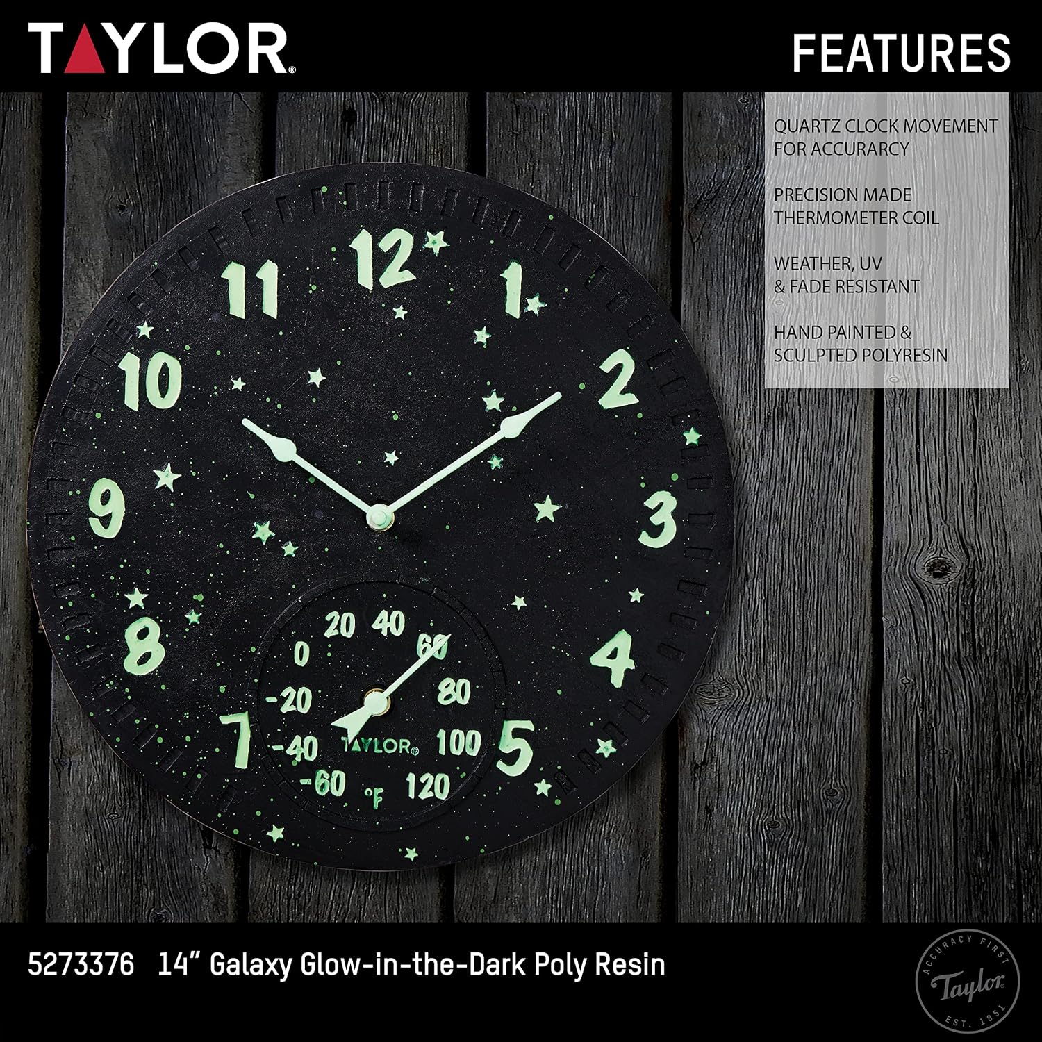 Taylor Galaxy Glow-In-The-Dark Poly Resin Indoor and Outdoor Clock and Thermometer, Home Decor for Garden, Patio, Pool, and Indoor Areas, 14-inch, Multi-Color