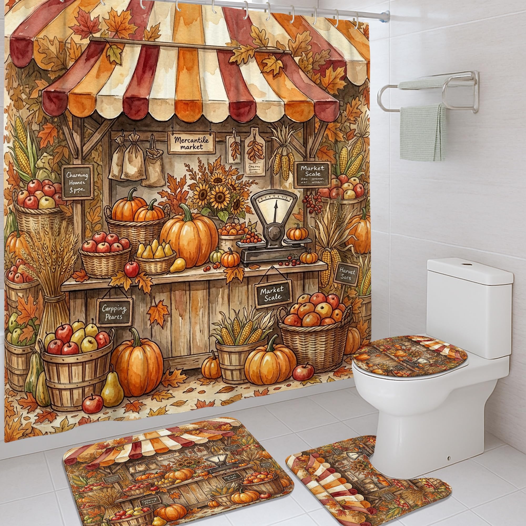 Rideau de douche avec crochets et tapis lavable motif feuilles d'automne