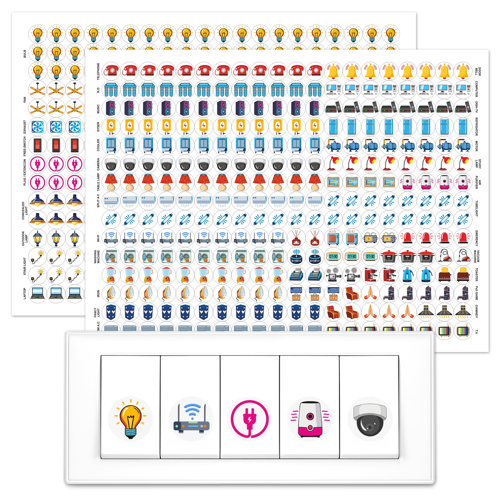 GLUN® Electric Board Switch Stickers Iris Coloured, 38 Icons 600 Stickers Set Iris Shades, Appliances or Machinery, Fan, Light, Fridge & AC Switch Stickers
