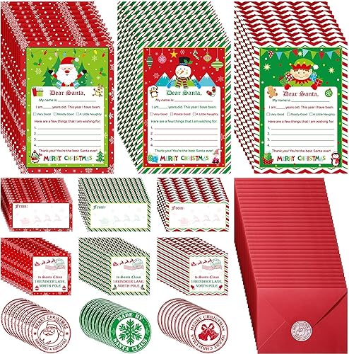Kit de escritura de 150 piezas de carta a Papá Noel, lista de deseos de Navidad, muñeco de nieve, elfo, papelería de papel con calcomanía, bonitos