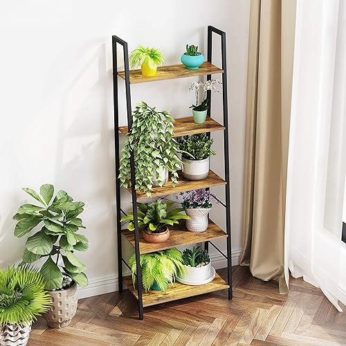 Miniatura 4 de Gadroad Estantería de escalera, estantería industrial de 5 niveles, estante de escalera independiente, estantes organizadores para plantas y flores,