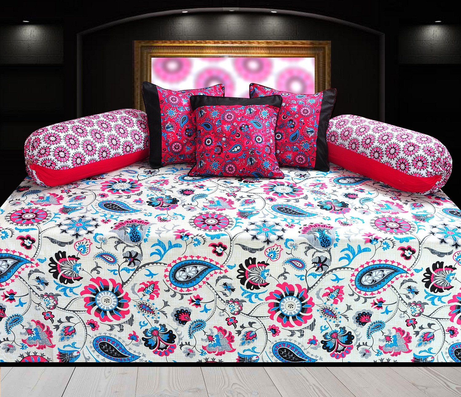 Diwan-e-khas Cotton 6 Piece Diwan Set - Multicolor (dwn-mixdezine-123-pnk)-image-31