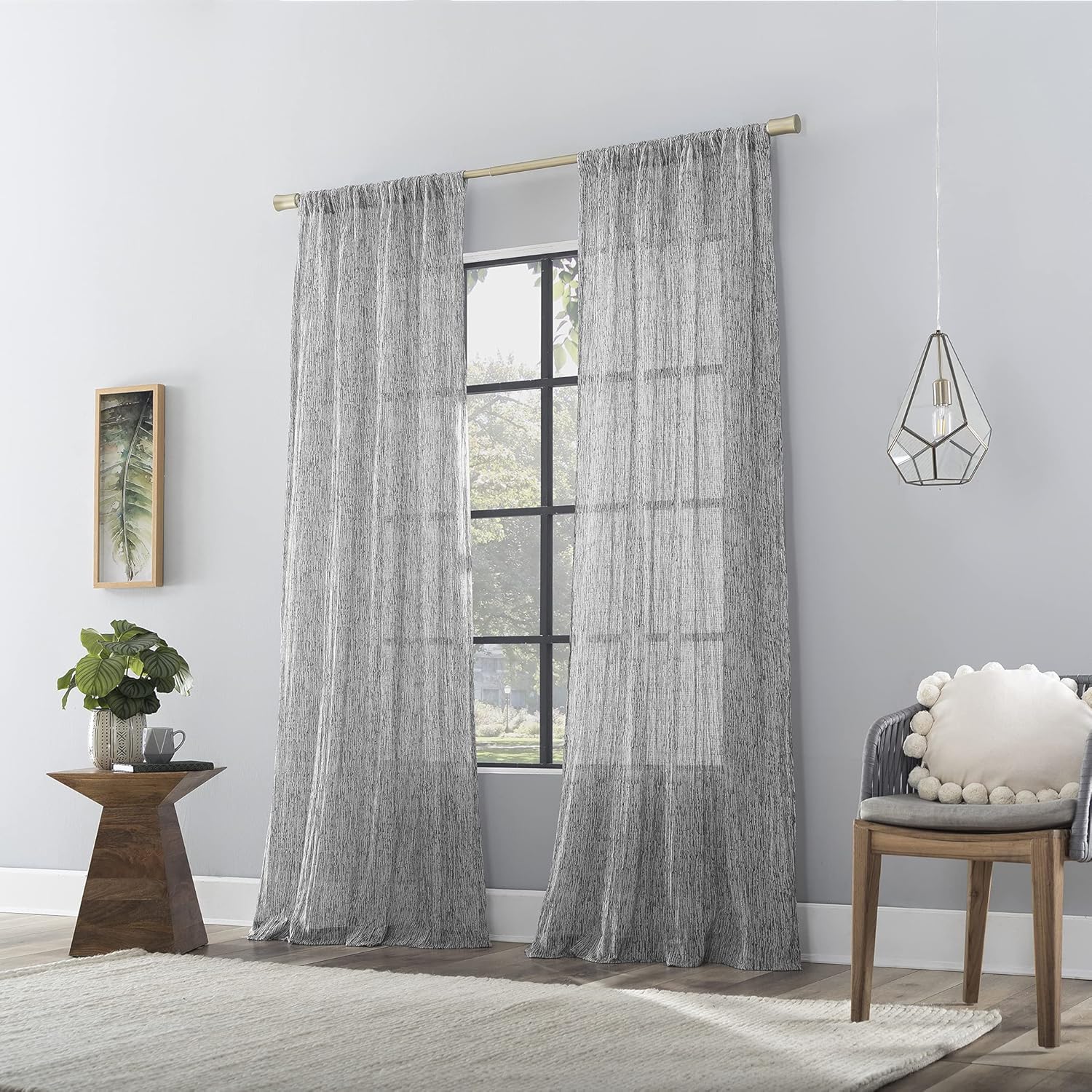 Gray Sheer Watercolor Print Rod Pocket Curtain Panel 50" x 96"