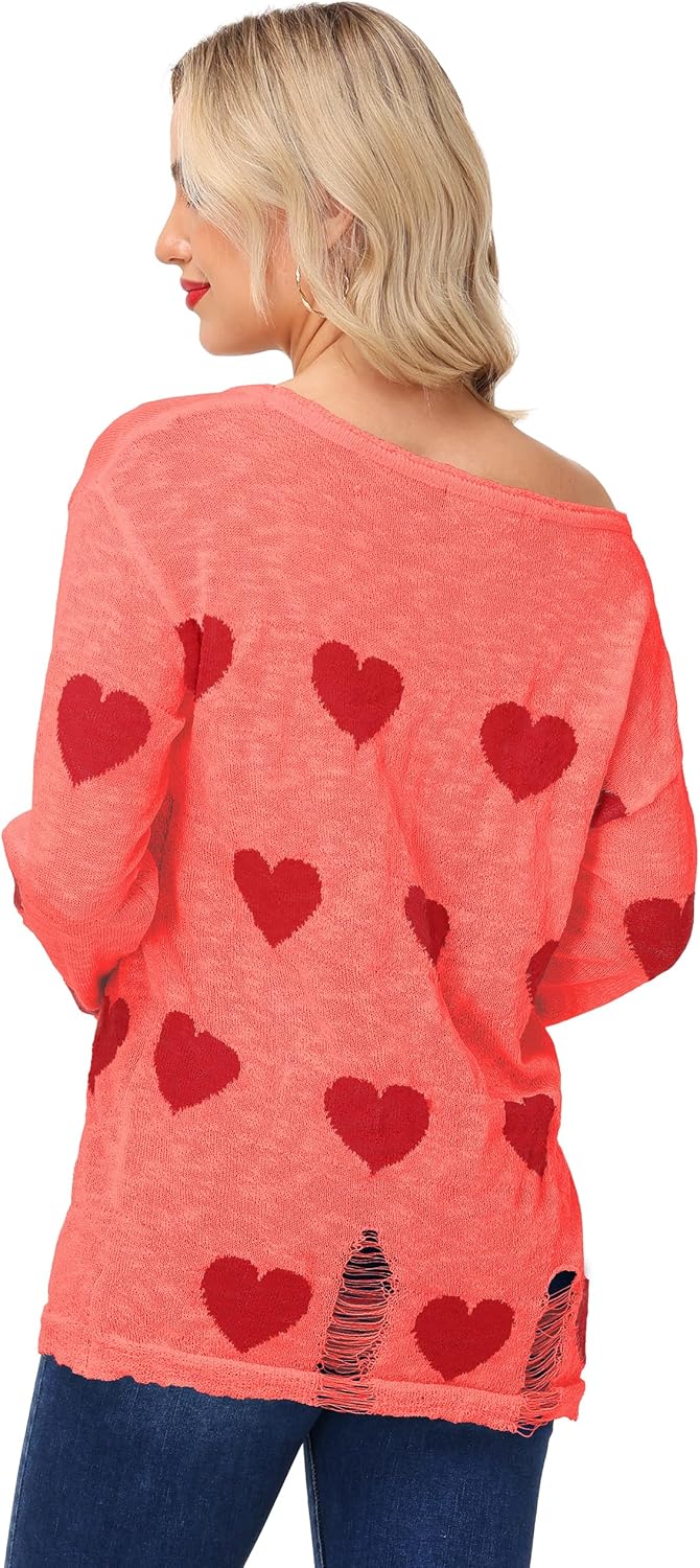 Womens Valentine Off Shoulder Shirt Long Sleeve Knitted Shirts Loose Heart Ripped Tops - Image 7
