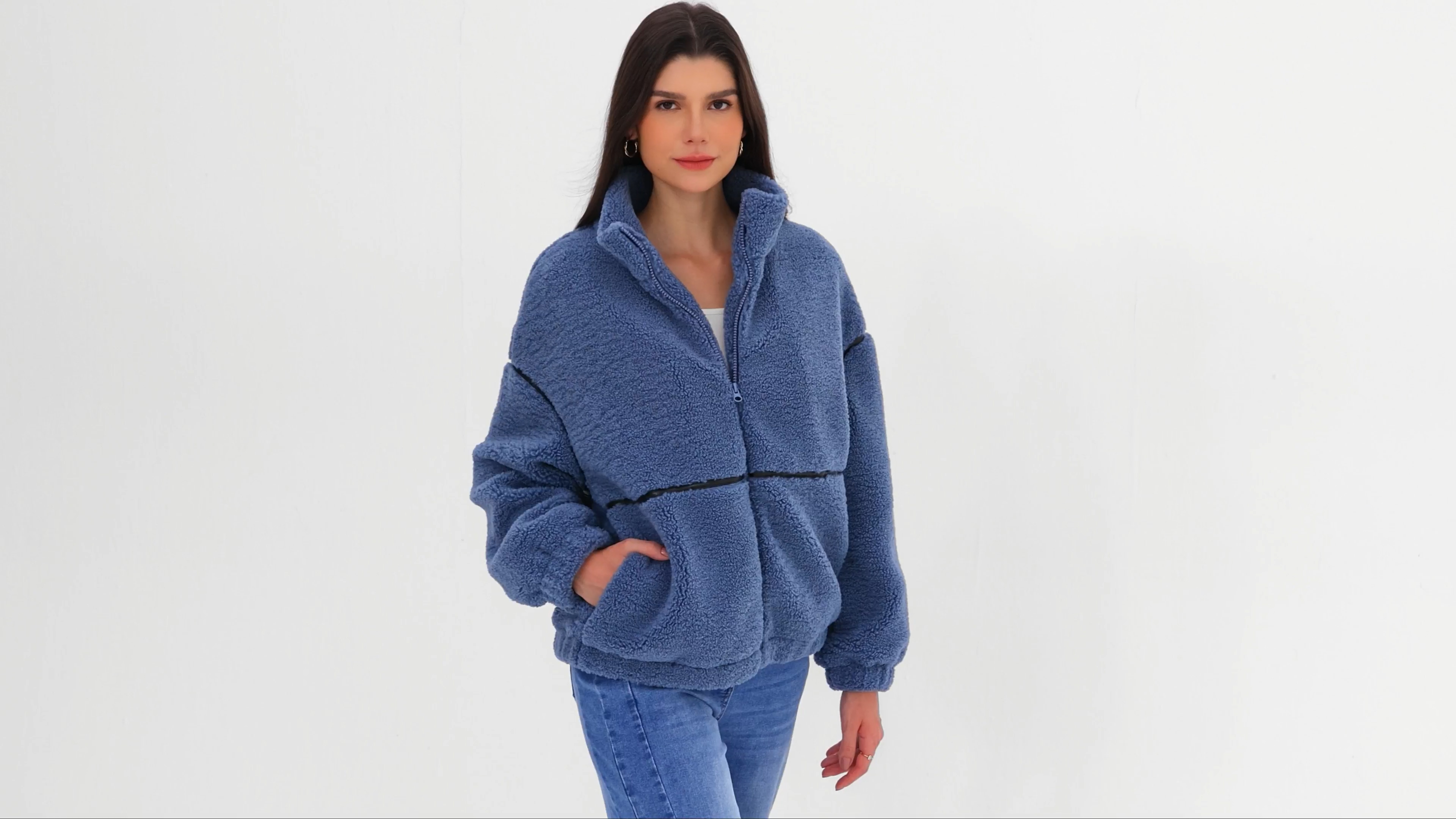 KIRUNDO Sherpa Jacket Women Fleece Zip Up Winter Coats(Beige, S
