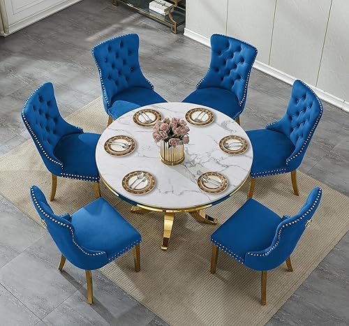 Miniatura 3 de Juego de mesa de comedor redonda de mármol blanco para 6, mesa de comedor redonda de lujo de mármol de 45 pulgadas con 6 sillas de terciopelo azul,