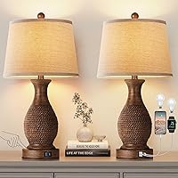 Vista 13 de PARTPHONER Juego de 2 lámparas de mesa tradicionales, lámpara táctil de cabecera con puertos de carga USB C+A, lámparas de mesa rústicas