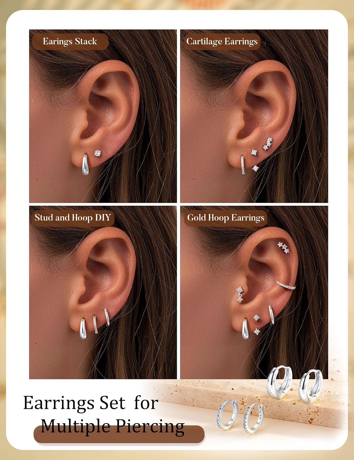 Turandoss Gold Earrings for Women, 14K Gold Plated Chunky Hoop Earrings Hypoallergenic Cartilage Huggie Hoops Earrings Stacks for Multiple Piercings Earrings for Women Jewelry