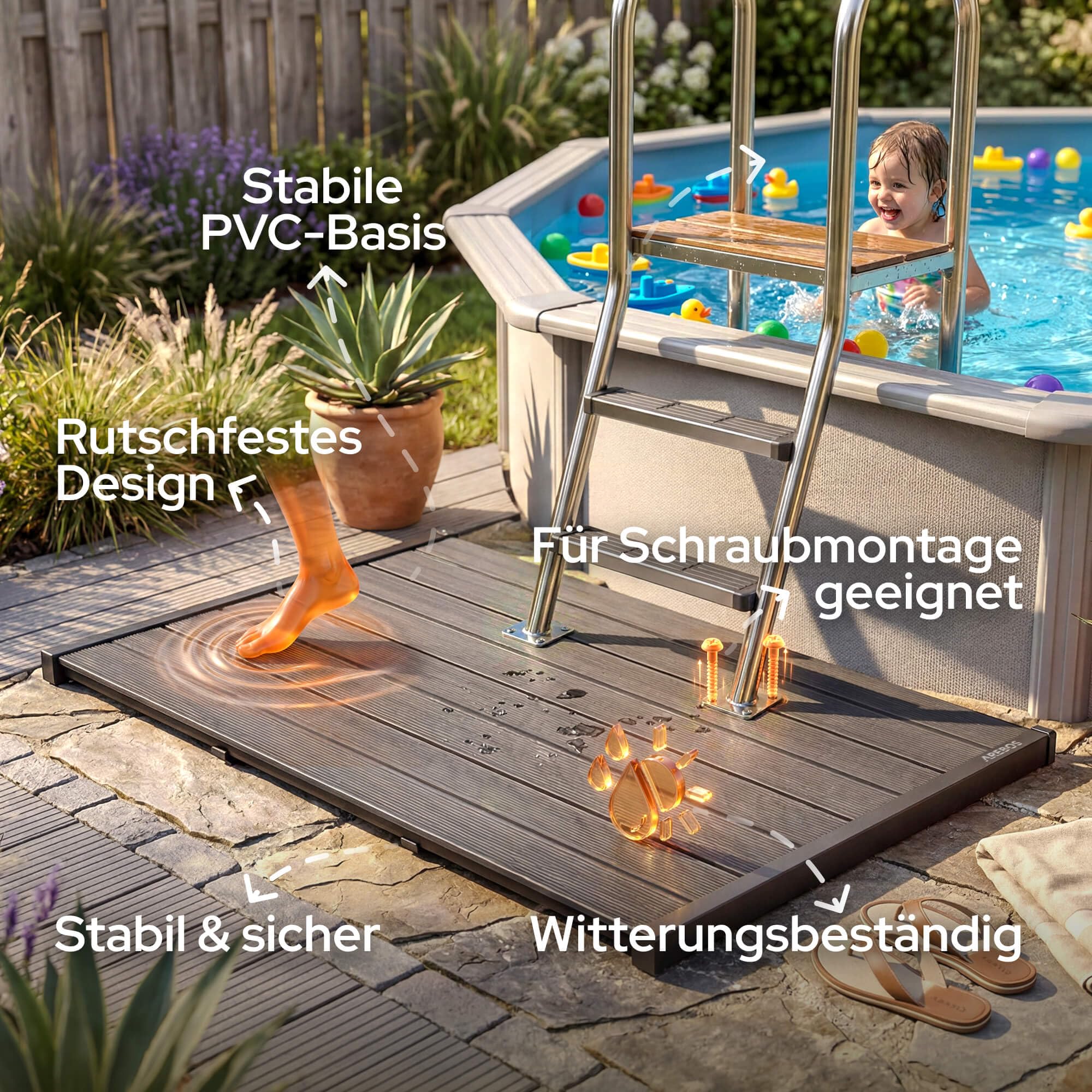 Arebos Bodenelement für Gartendusche & Solardusche | PVC Bodenplatte 101x57 cm | rutschfest & wasserabweisend | wetterfest | Terrasse Balkon Outdoor