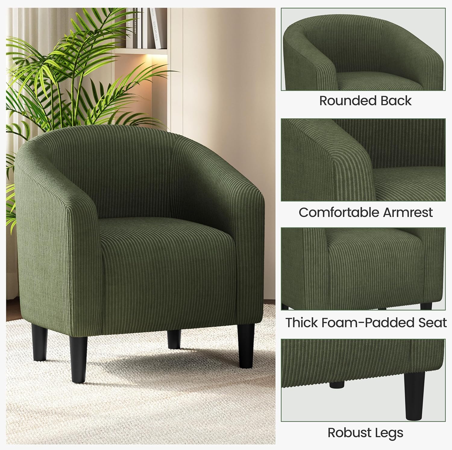 Yaheetech Barrel Chairs, Furry Accent Chairs with Soft Padded Armrest for Living Room Bedroom Waiting Room Office, Set of 2, Dark Green Dark Green (Corduroy) without Ottoman