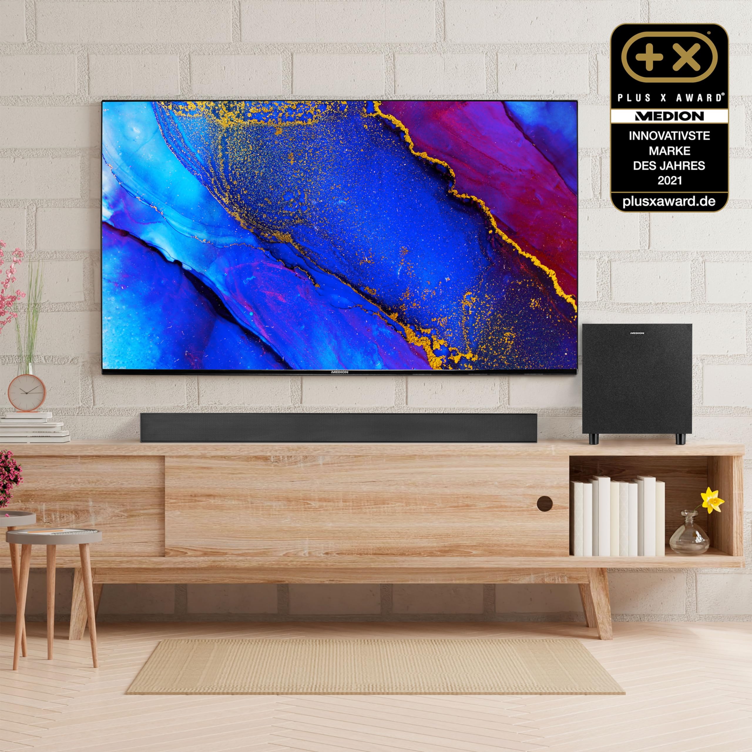 MEDION S61022 Barra de Sonido Dolby Atmos 3.1 con subwoofer inalámbrico (para televisores, Bluetooth 5.3, HDMI eARC CEC, Entrada óptica, AUX, subwoofer inalámbrico 3 x 20 W + 60 W (RMS)