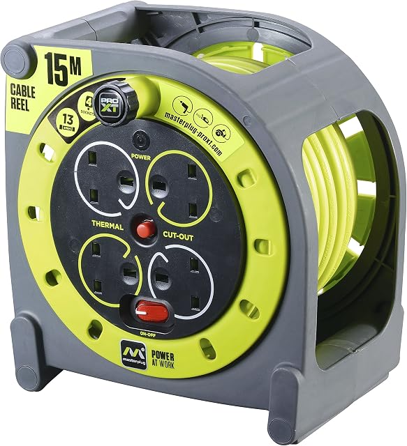 Masterplug HMU15134SL-PX Pro-XT Four Socket Case Cable Reel Extension Lead with Winding Handle, Thermal Cut Out and Power Switch, 15 Metres High Visibility Cable , Green