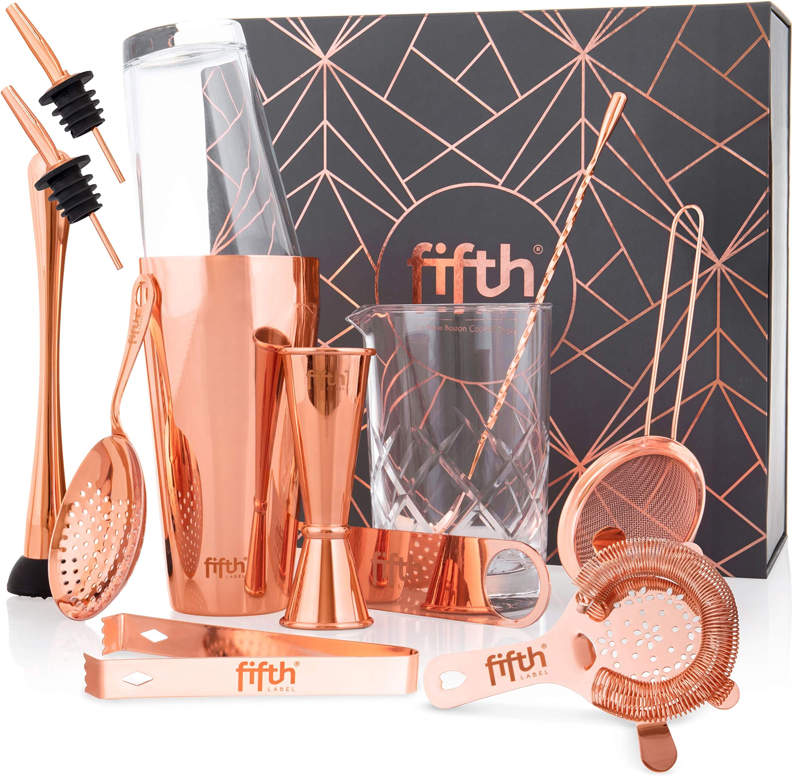 13-Piece Cocktail Shaker Set - Weighted Boston Shakers, Liquor Pourers, Japanese Double Jigger, Strainer, Mixing Glass, Spoon - Copper-Plated Bartending Kit - Mixology Equipment & Gifts