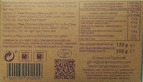 Conservas Santos Portugal - Atún enlatado con batata y cilantro - 4.23oz 120gr (paquete de 5 latas)