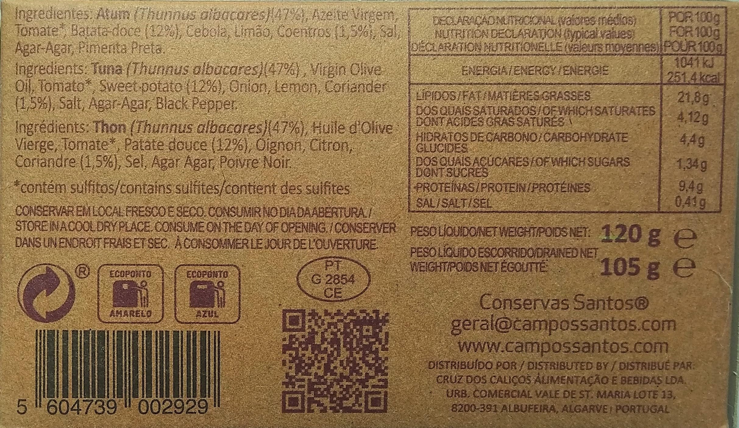 Conservas Santos, Algarve Portugal - Gourmet Thunfisch mit Süßkartoffel und Koriander - 5er Pack (5 x 120 gr)