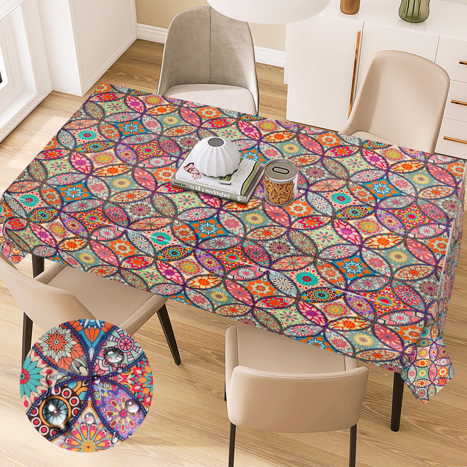 Mantel Rectangular Bohemio Lavable Resistente A Las Manchas Mantel De JardíN para Exteriores para Cocina Mesa De Comedor Mesa De Café Fiestas Cenas, 110 X 140 Cm
