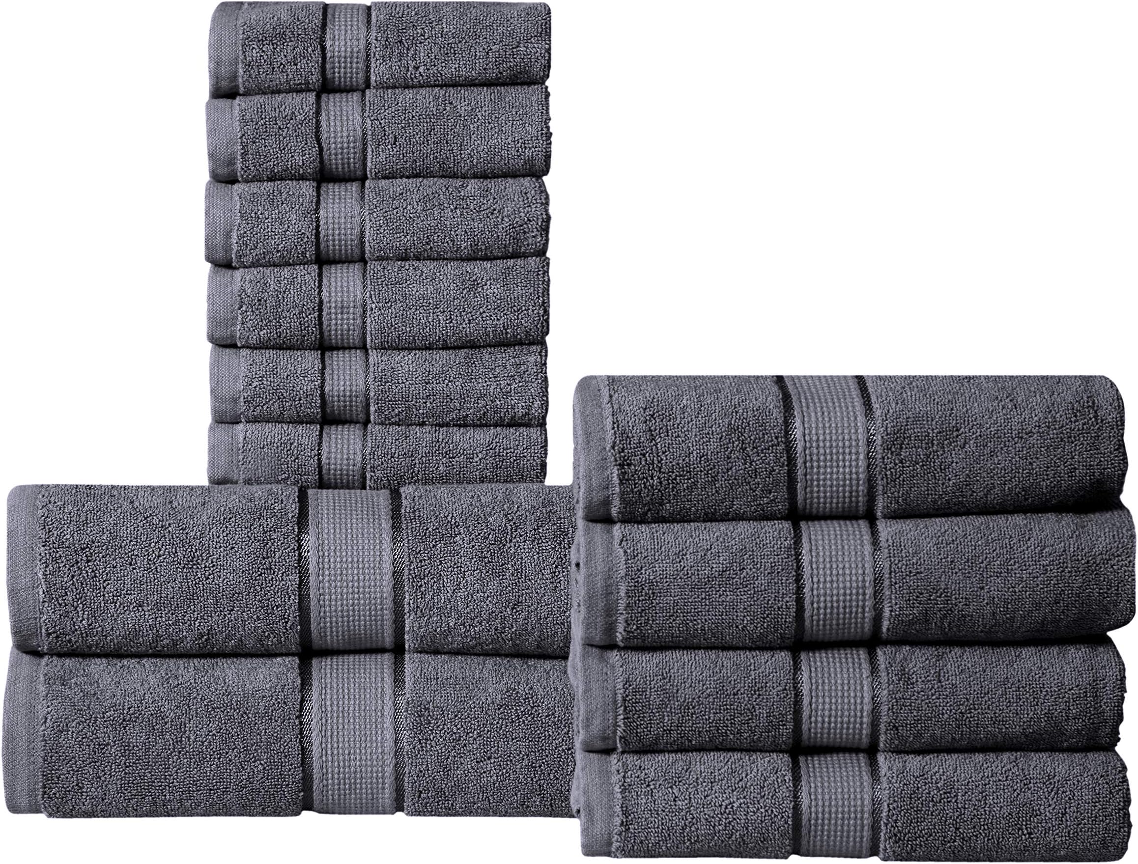 Wicker Park 600 GSM Ultra Soft 100% Cotton 12 Piece Towel Set (Grey): 2 Bath Towels, 4 Hand Towels, 6 Washcloths, Long-Staple Cotton, Spa Hotel Quality, Super Absorbent, Machine Washable