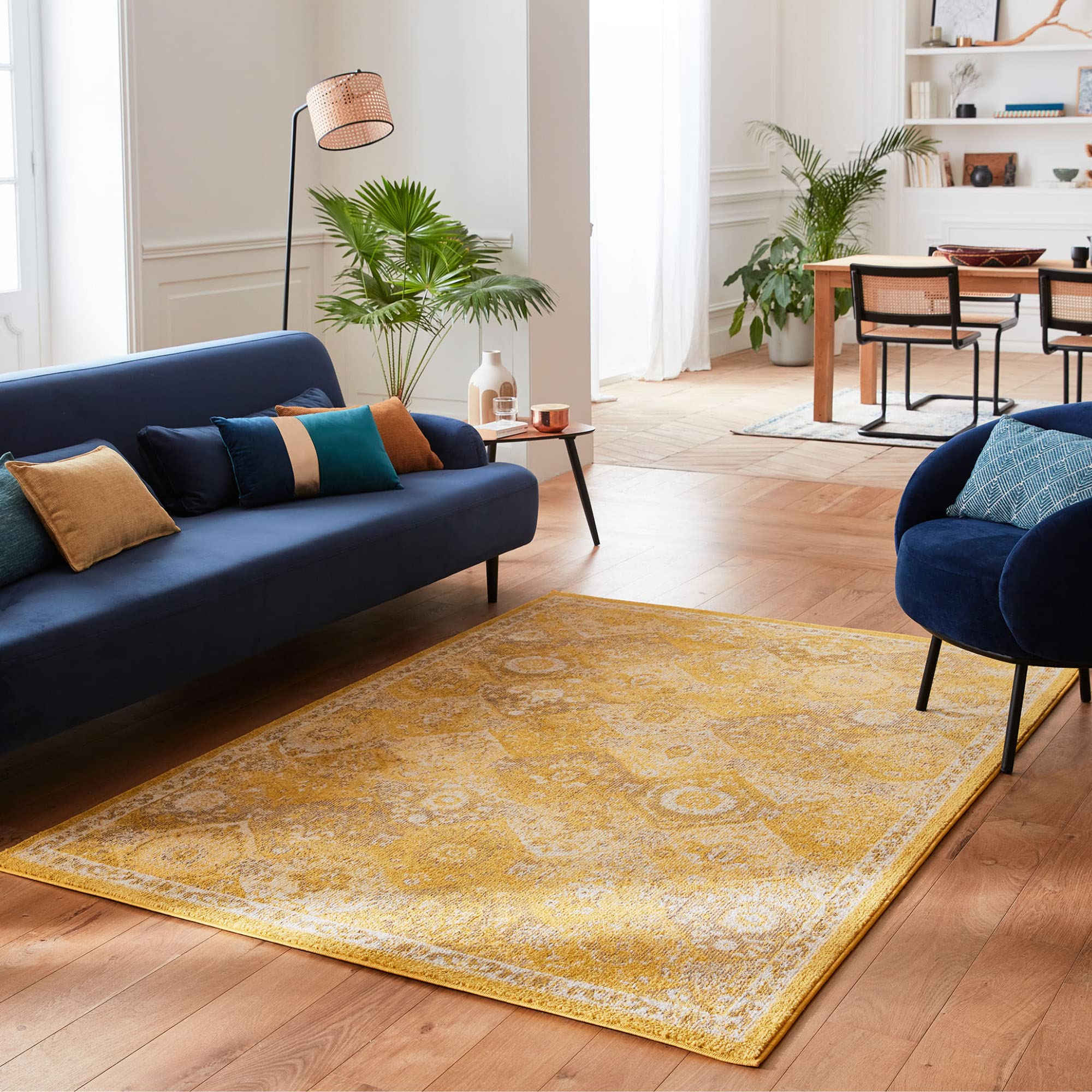 Nazar Tapis de Salon Vintage Style Moderne à Poils Ras, Lavable, pour Chambre (160x230 cm, 768 Jaune)