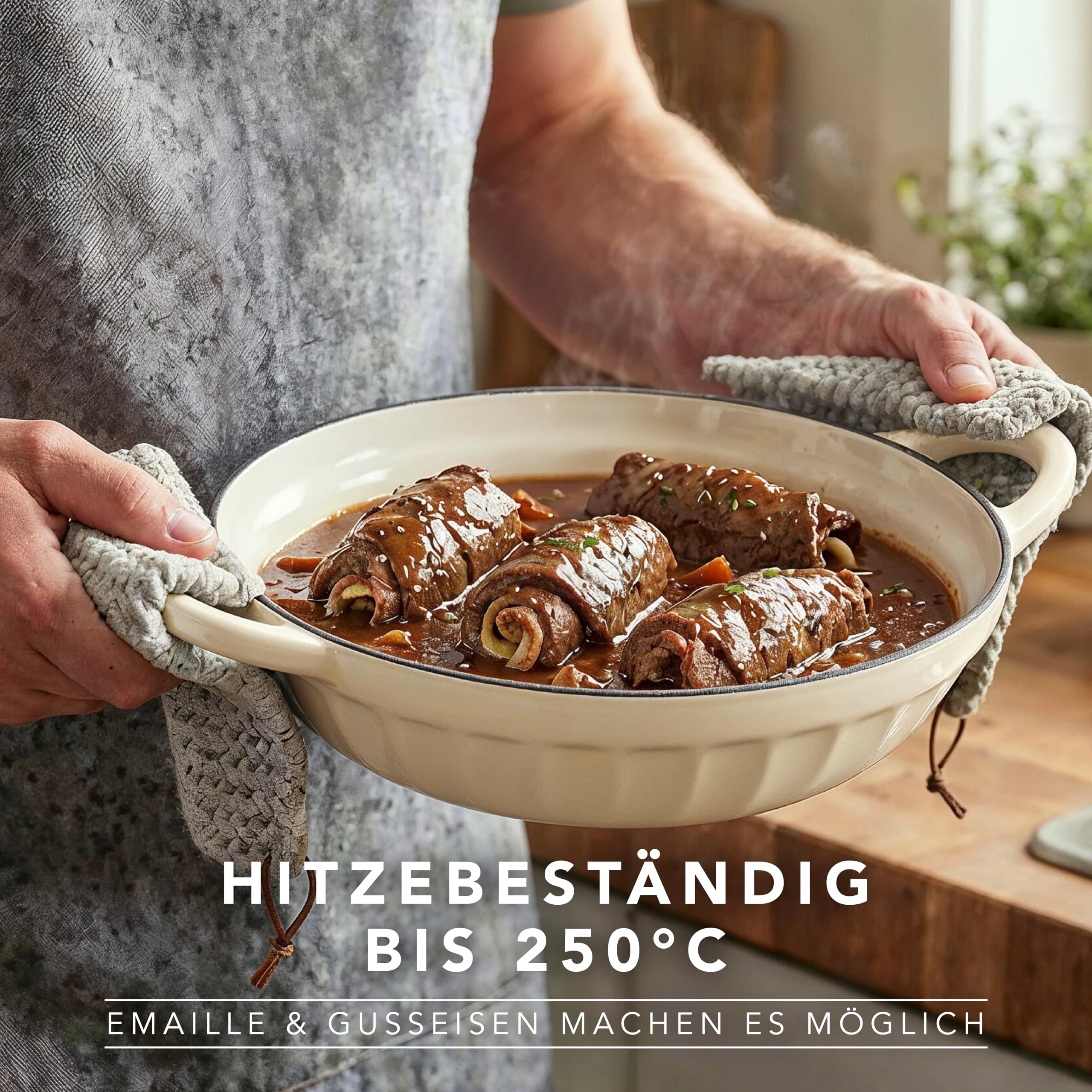 Römertopf Schmorpfanne Gusseisen 28 cm 2,4 L mit Deckel, Creme | Sautépfanne zum Anbraten und Schmoren, alle Herdarten inklusive Induktion, ofenfest 250 °C, PFAS-frei