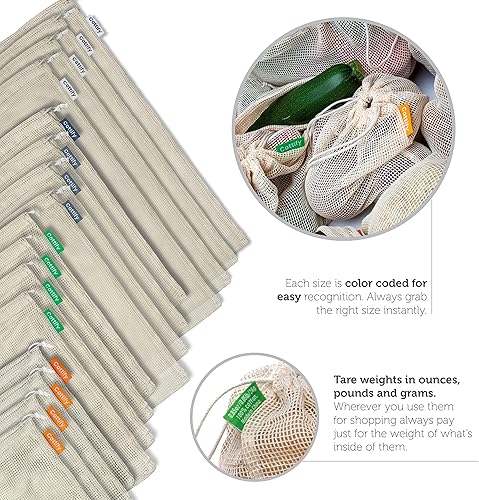 Miniatura 3 de 17 bolsas reutilizables de malla de algodón para productos  100% algodón orgánico, duradero, doble costura, lavable con peso de tara y cordón