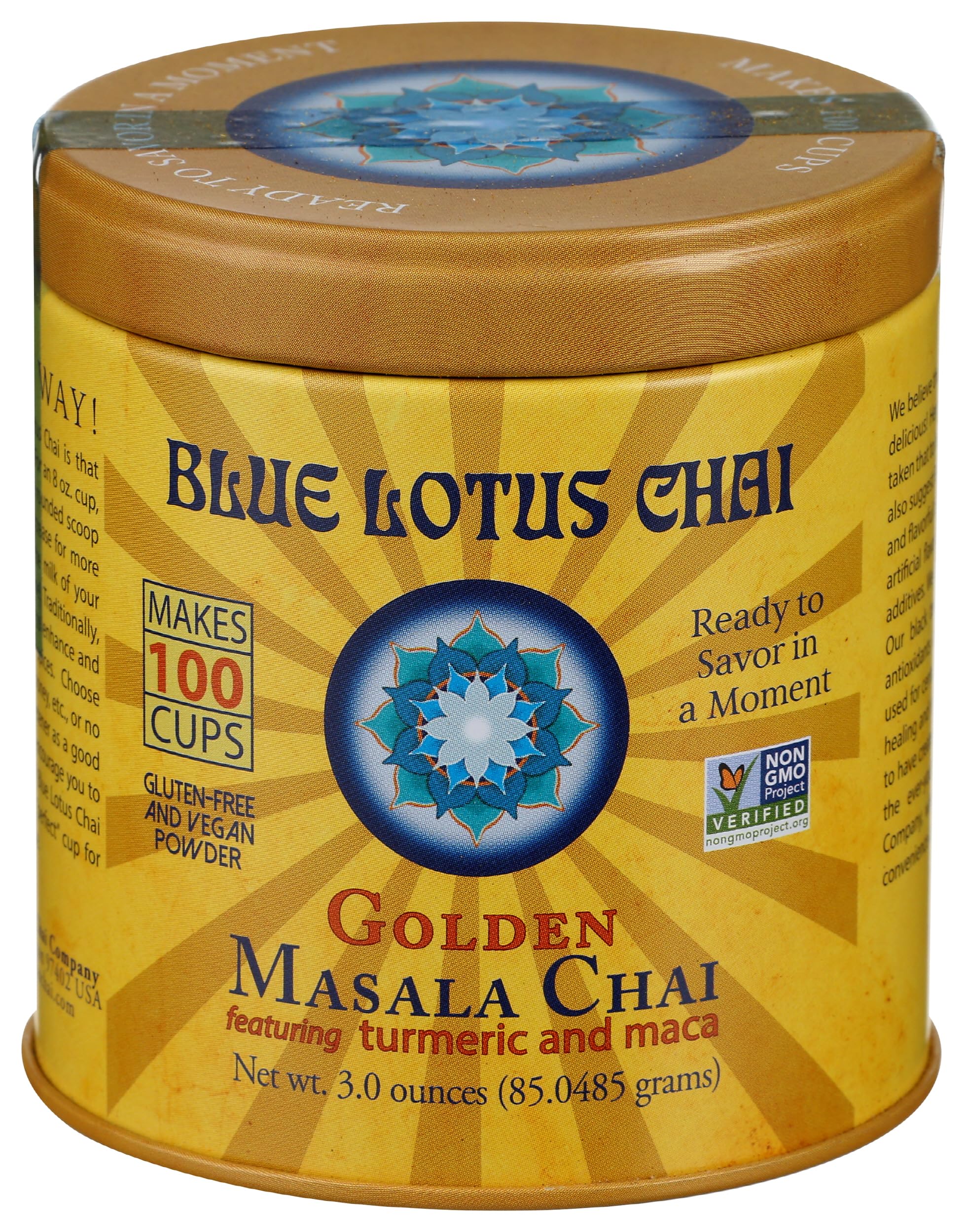 Blue Lotus Chai - Golden Masala Flavor Chai - Makes 100 Cups - 3 Ounce Masala Spiced Chai Powder with Organic Spices - Instant Indian Tea No Steeping - No Gluten thumbnail 4