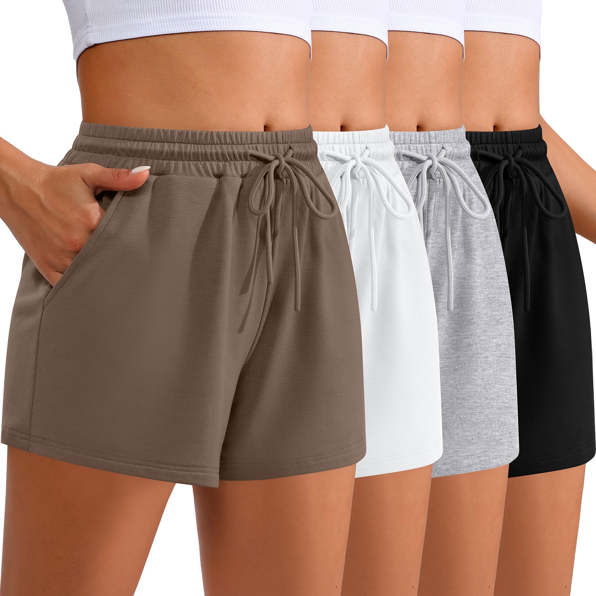 Neer Paquete de 4 pantalones cortos deportivos para mujer, casuales, cómodos, con cordón, cintura alta, con bolsillo, para verano, 2025