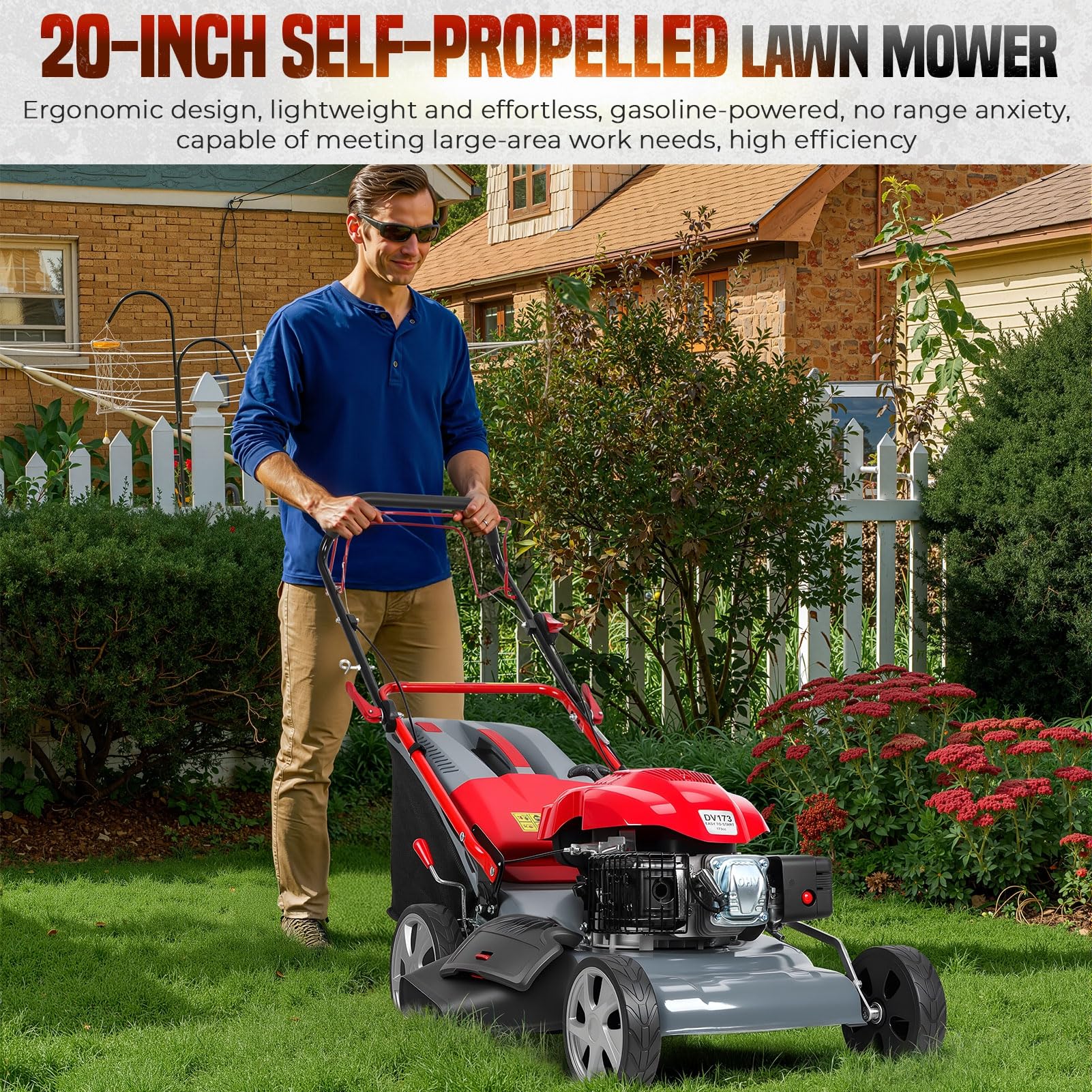 Cortacésped autopropulsado plegable de 19 pulgadas, cortacésped de gas 3 en 1 con motor de 4 ciclos de 131 cc, embolsado, mantillo y descarga lateral, altura de corte ajustable de 8 posiciones, fácil