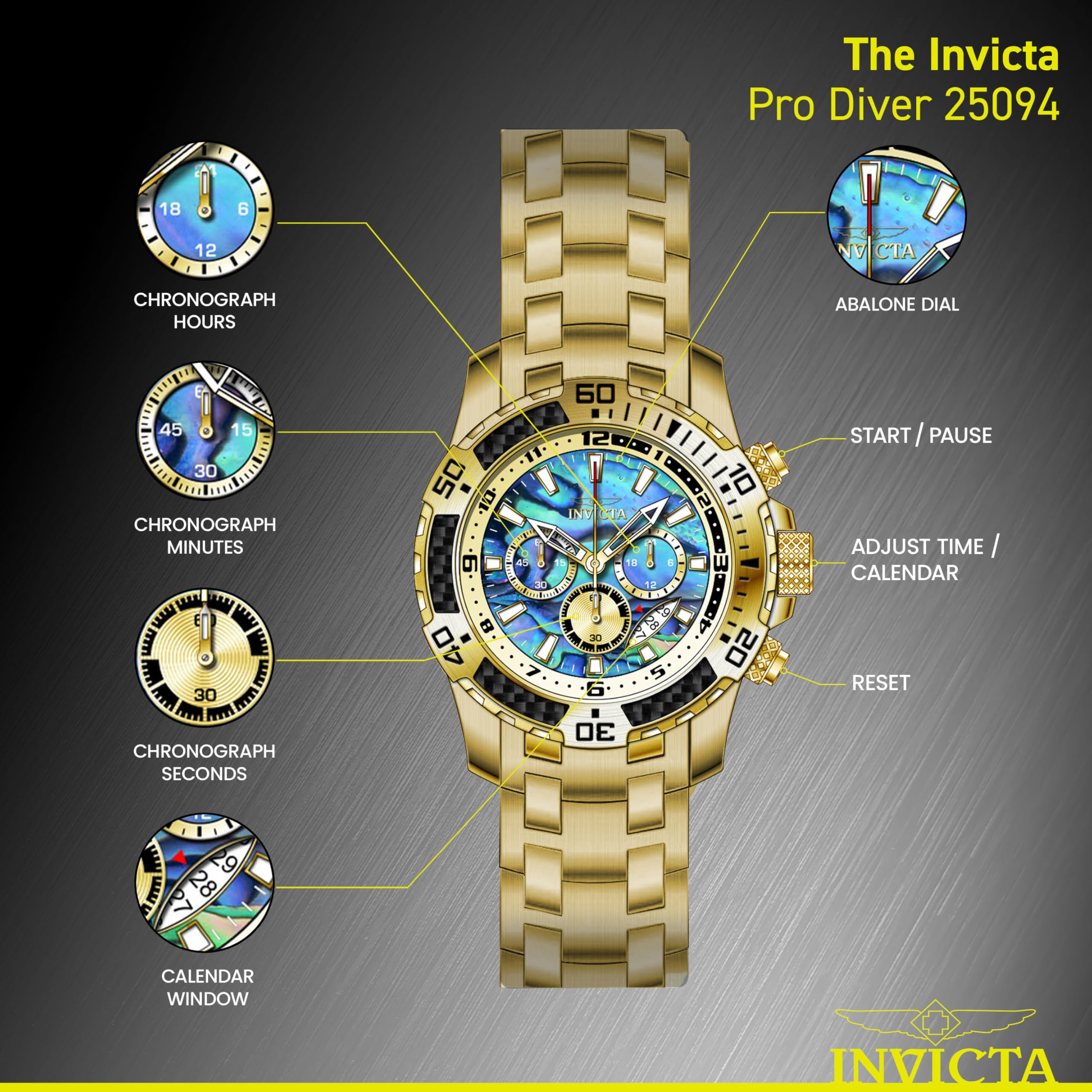 Invicta Męski zegarek Pro Diver Scuba kwarcowy chronograf z włókna węglowego ramka Abalone tarcza bransoletka zegarek, 50 mm, Złoty, 51MM, Nurek