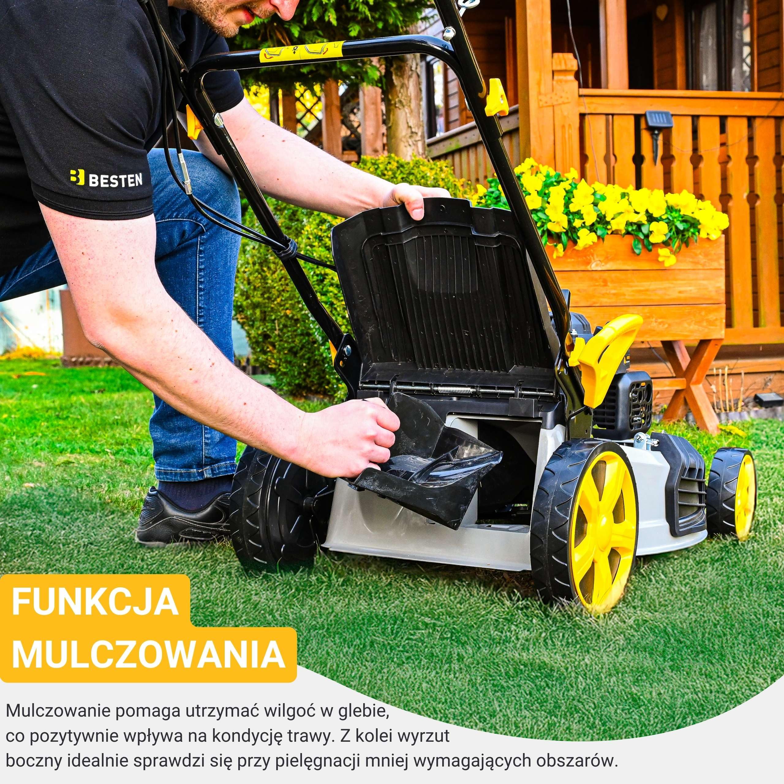 BESTEN Kosiarka Spalinowa z Napędem 196CC, Szerokośc Cięcia 51cm, Kosiarka Ogrodowa z Funkcją Bocznego Wyrzutu i Mocnym Zderzakiem, 8-Stopniowa Regulacja Wykości Koszenia, Kosz 62L,