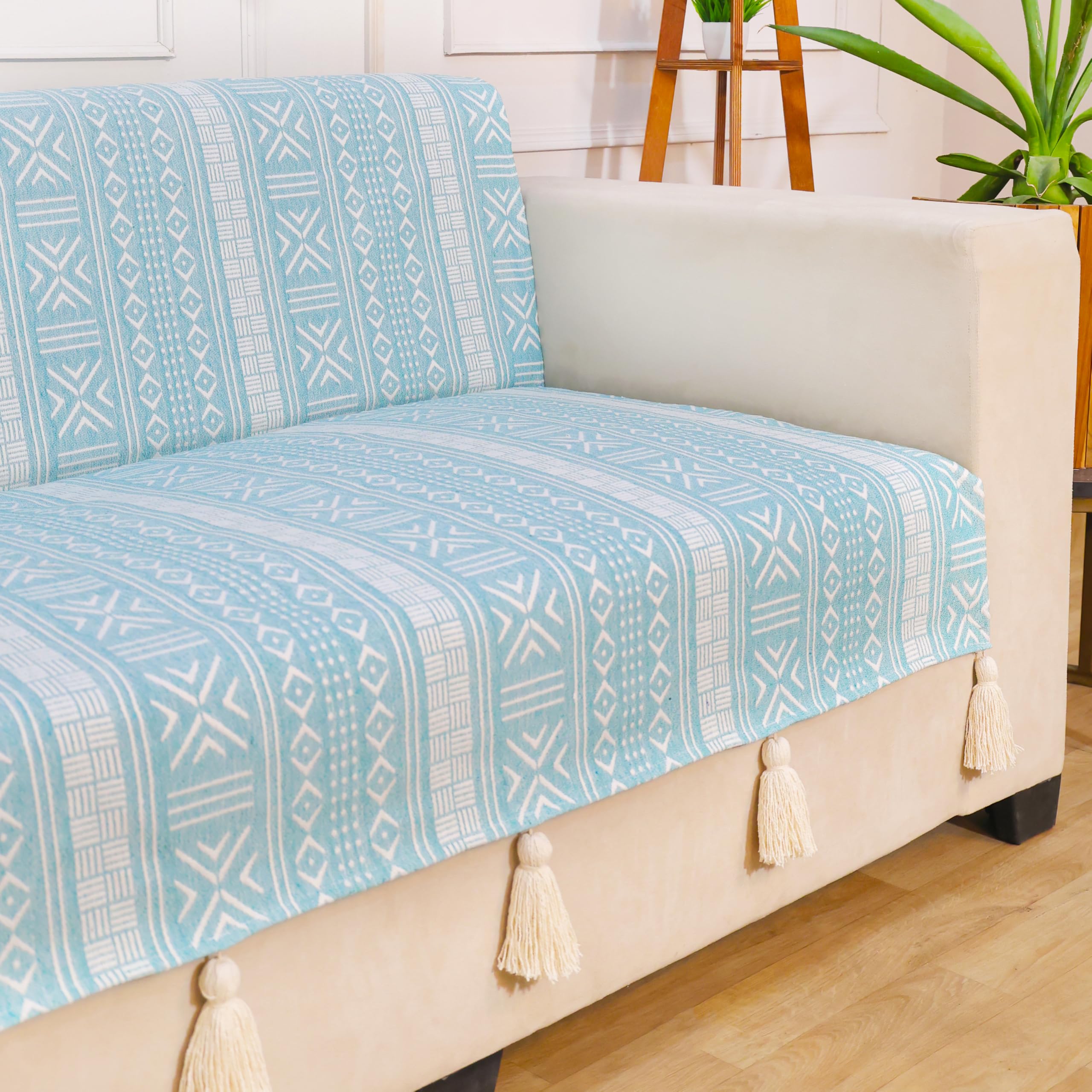 STITCHNEST 'Verdant Bohemian Stories' 2 Seater Sofa Cover – Full Coverage| Elegant Jacquard Fabric, Decorative Tassels, Washable & Durable for Modern Living