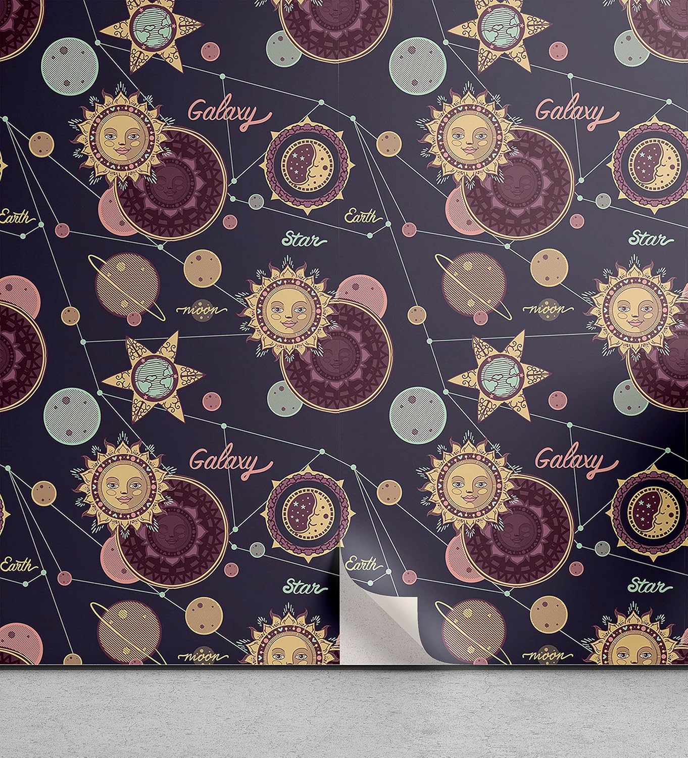 Lunarable Mystic Peel & Stick Wallpaper for Home, Pattern of Heavenly Bodies Galaxy Sun Moon Planets, Self-Adhesive Living Room Kitchen Accent, 13 x 36, Dark Indigo Multicolor