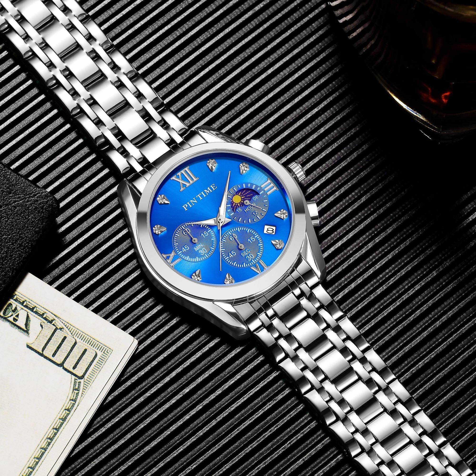 Pintime - Reloj de pulsera para hombre, resistente al agua, 3 bar, de cuarzo, correa de acero inoxidable, esfera de fase lunar, función cronográfica, regalo