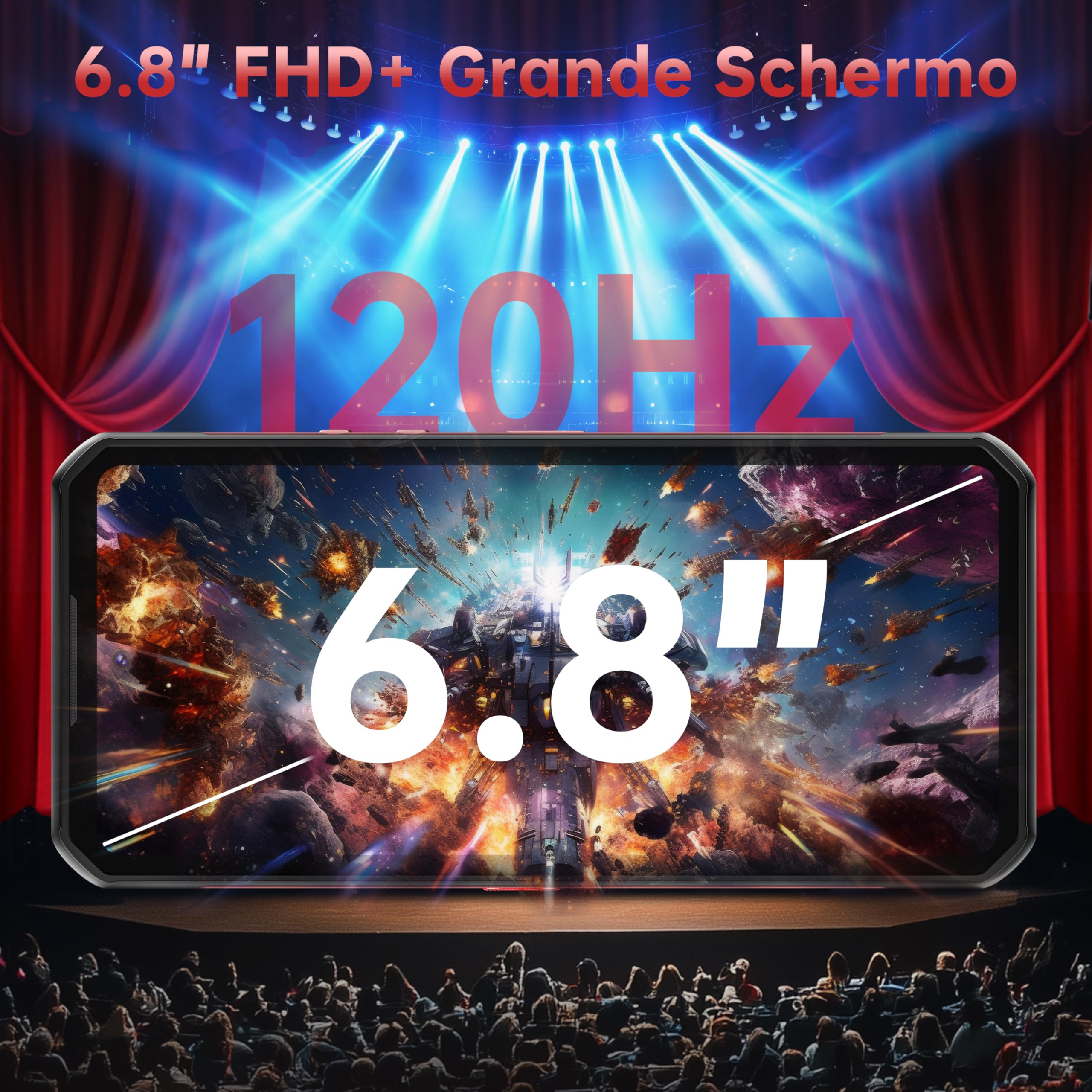 OUKITEL WP56 5G Rugged Smartphone - 32GBGB+256GB/2TF 6,78"FHD+ 120Hz- con 1000LM Luce Campeggio 128dB Altoparlante, Android 15 16000mAh 108MP+32MP Telefono Indistruttibile IP68/NFC/BT5.2/OTG/GPS Nero