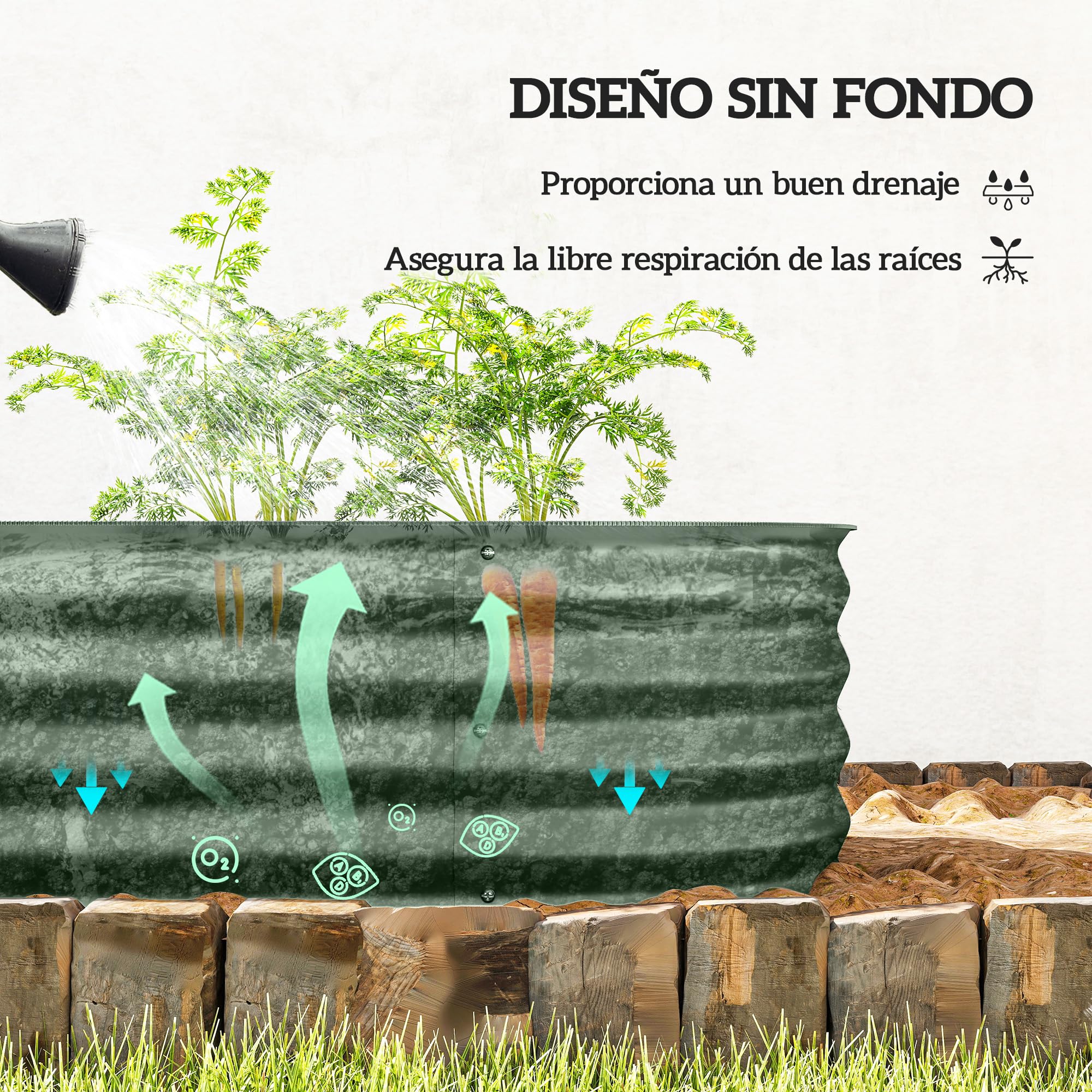 Outsunny Jardinera Exterior Grande de Acero Galvanizado, Huerto Urbano para Cultivar Plantas, Macetero Exterior con Bordes de Seguridad, Fácil Montaje, Resistente a la Intemperie, 150x62x30 cm, Verde