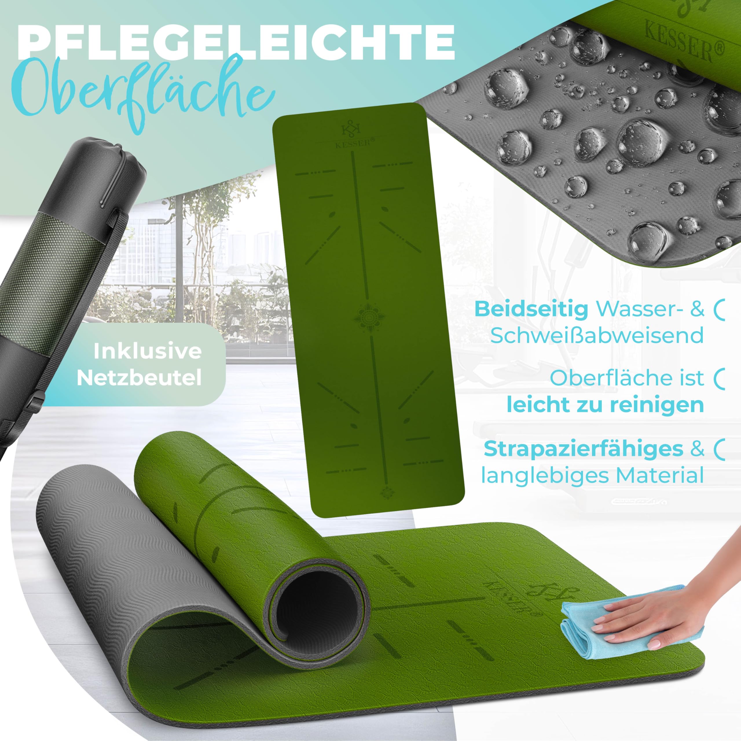 KESSER® Gymnastiekmat met draagriem, antislip, TPE-yogamat, gevoerd & antislip, fitnessmat, 183 x 61 cm, trainingsmat voor fitness, sportmat, pilates, gymnastiek en workout, extra dik (zwart