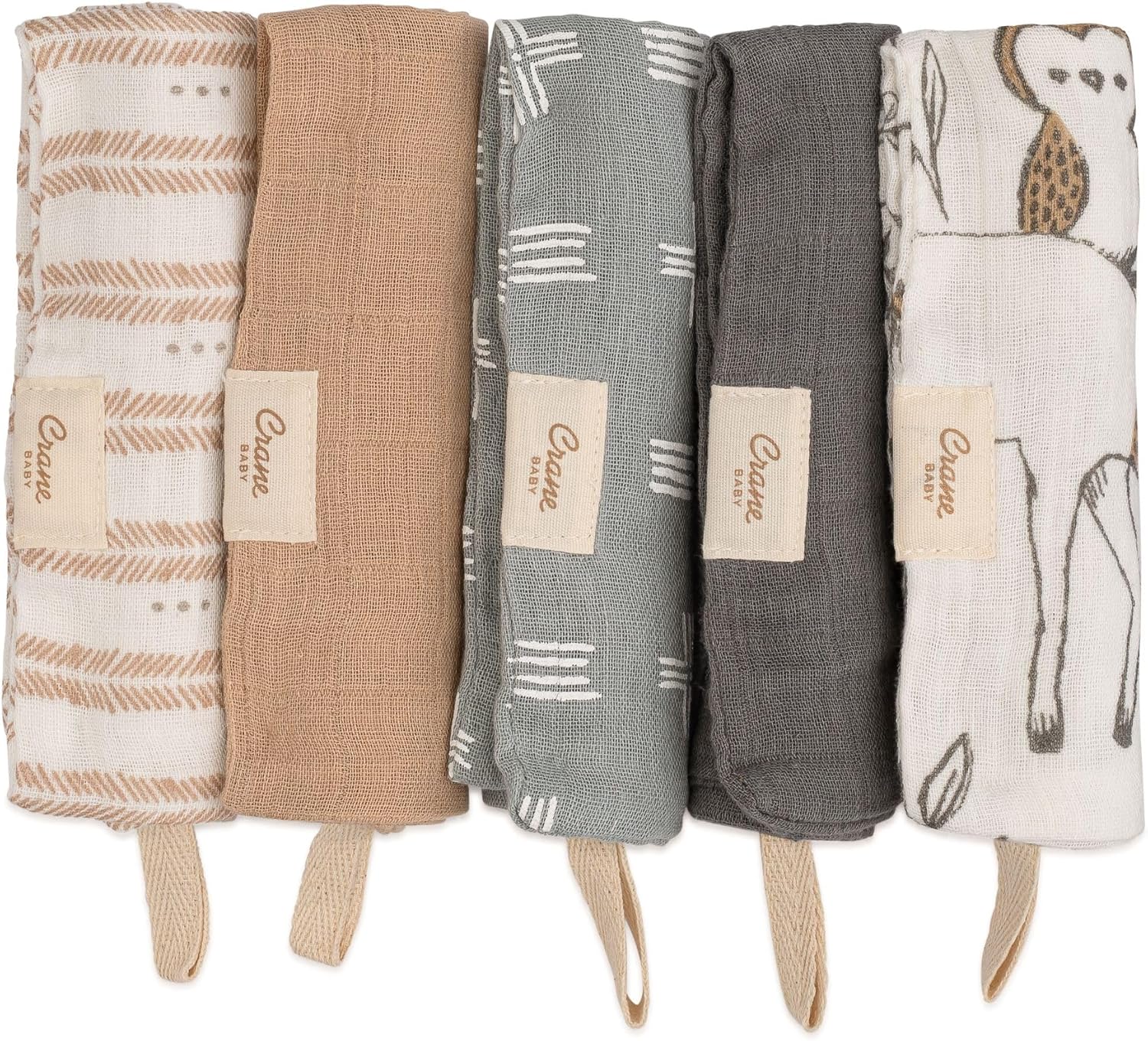 Crane Baby Wash Cloth Set, 100% Cotton, Set of 5, Woodland Animal Theme, Muslin Washcloths for Newborn, Baby Registry Gift