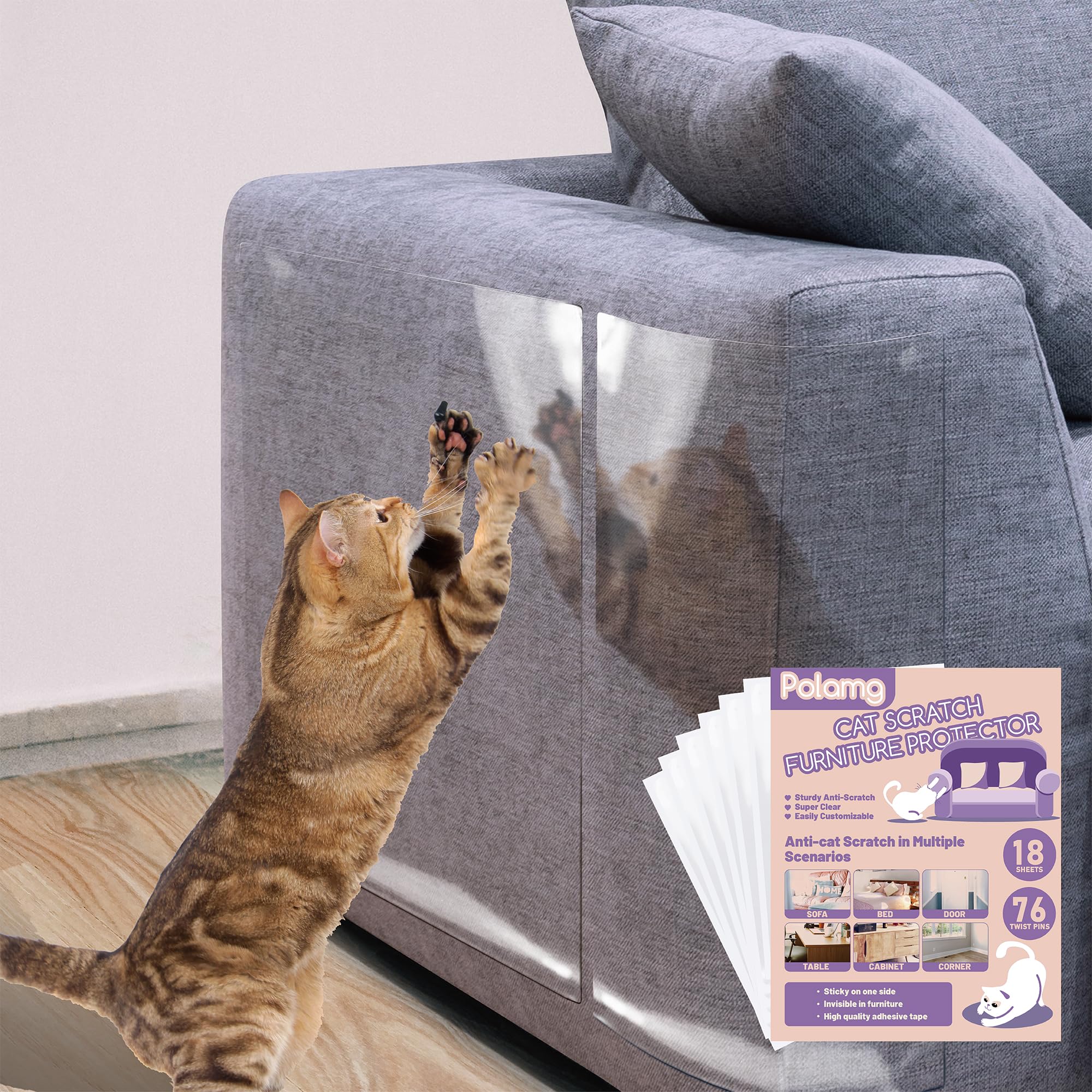 Protector de muebles antiarañazos, paquete de 18 protectores de sofá de un solo lado para gatos, cinta autoadhesiva para muebles, disuasorio transparente de arañazos para puertas de muebles