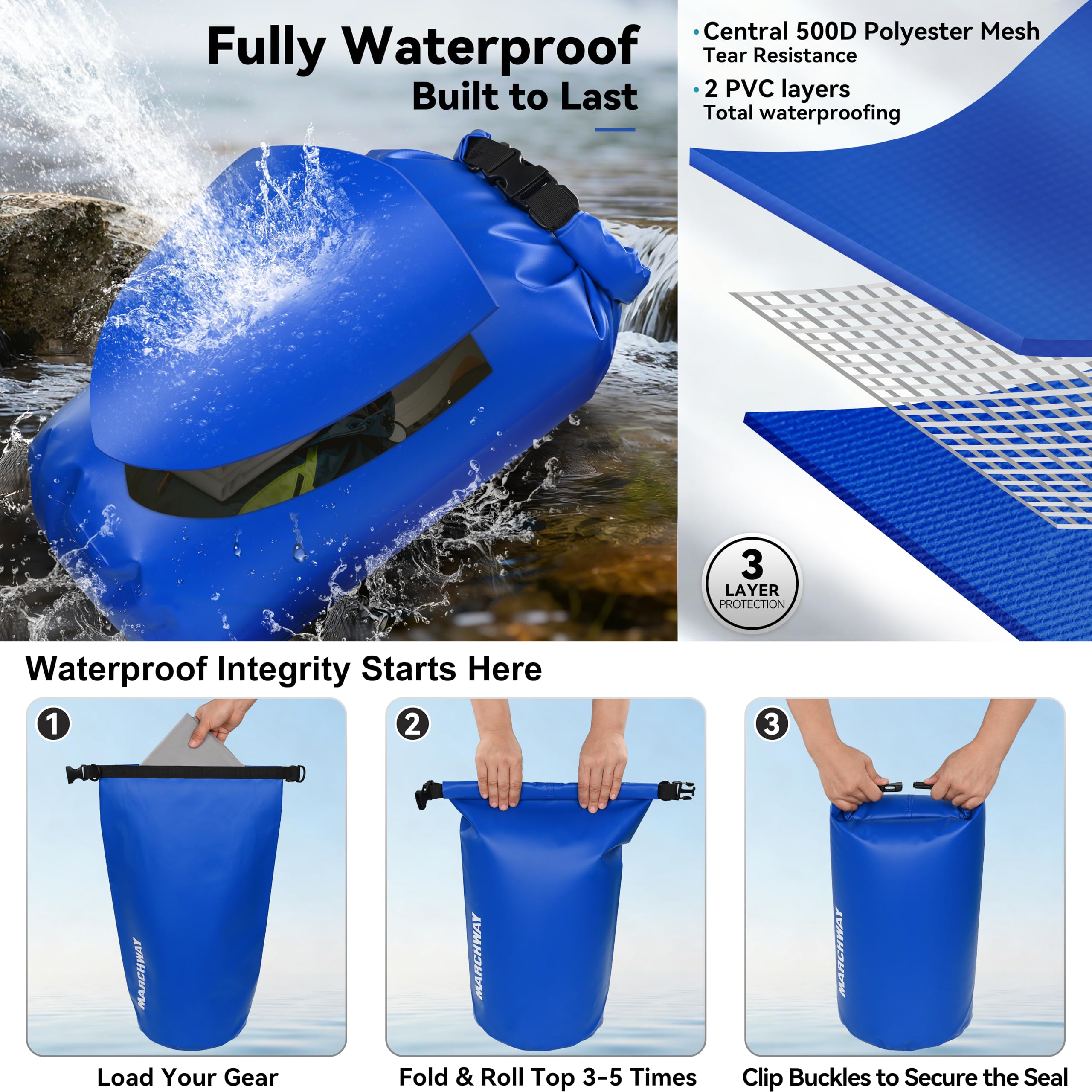 MARCHWAY Mochila Impermeable Flotante de 5L/10L/20L/30L/40L, Saco Enrollable Que Mantiene el Equipo seco para Kayak, Rafting, canotaje, natación, Camping, Senderismo, Playa, Pesca, Azul Oscuro, 10 L