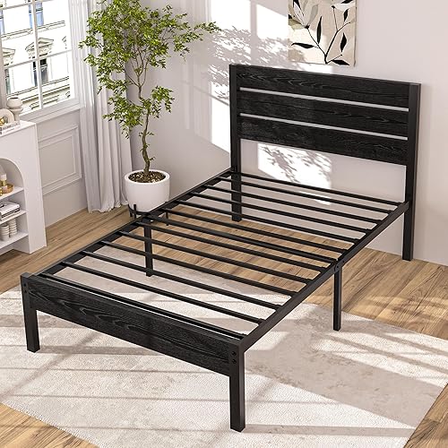 Miniatura 4 de VECELO Marco de cama individual con cabecera y pie de cama de madera, base de colchón de plataforma, soporte de listones de metal resistente, no se