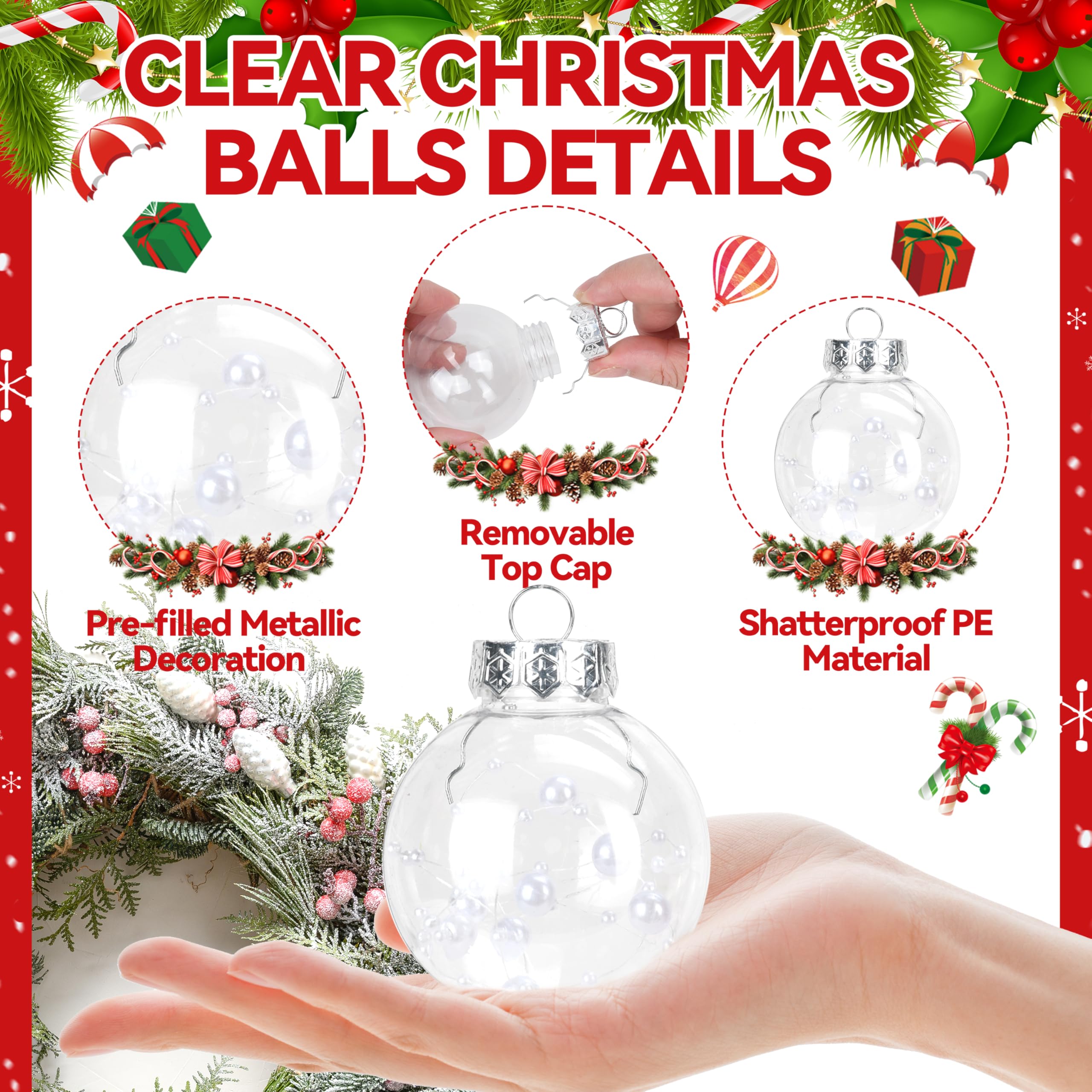 30 adornos de bola de Navidad transparentes de 2.4 pulgadas, adornos decorativos inastillables para colgar con decoraciones delicadas para árbol de Navidad, decoración de fiesta interior de vacaciones