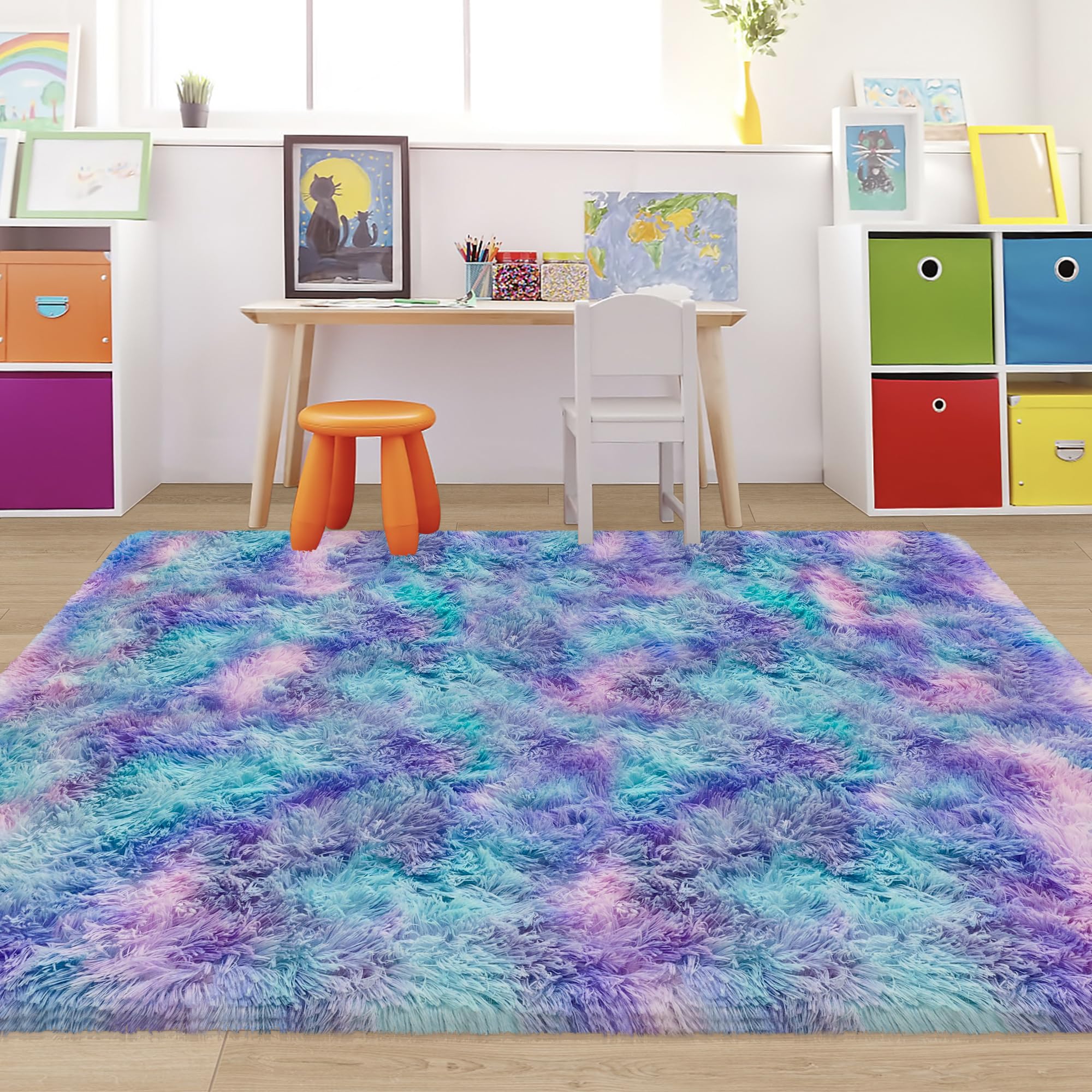 JiaoBaba Tie-Dye Purple Rainbow Fluffy Rug for Bedroom 4x6ft Soft Shag Area Rug Mat Bedside Throw Rug for Living Room Kids Room Boys Teens Nursery