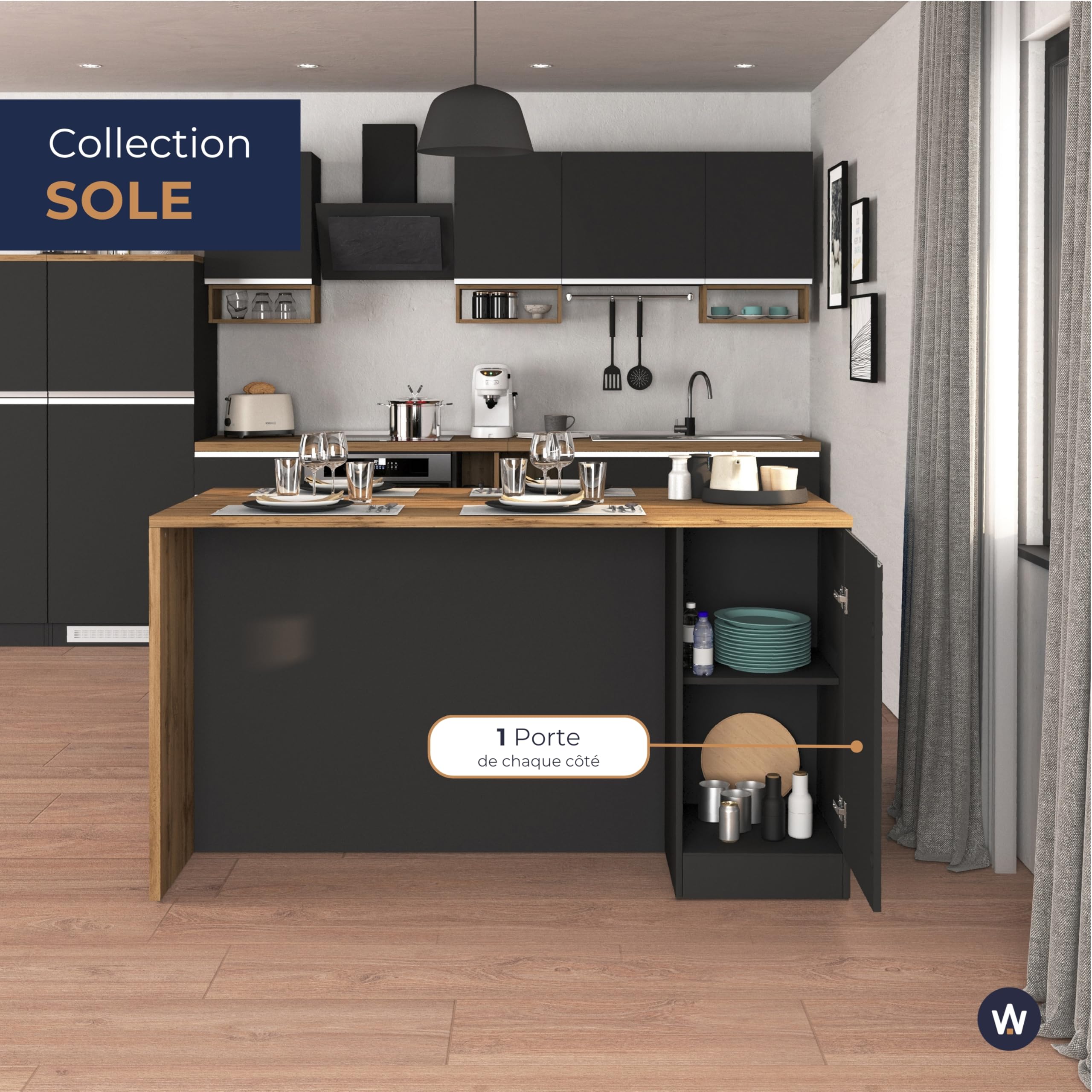 WHOUS Îlot de Cuisine Sole avec 2 Portes, Table à Manger et Plan de Travail, Idéal pour Cuisines Ouvertes et Petits Espaces, Dimensions 160 x 90 x 90 cm, Bicolore Anthracite Opaque et Chêne