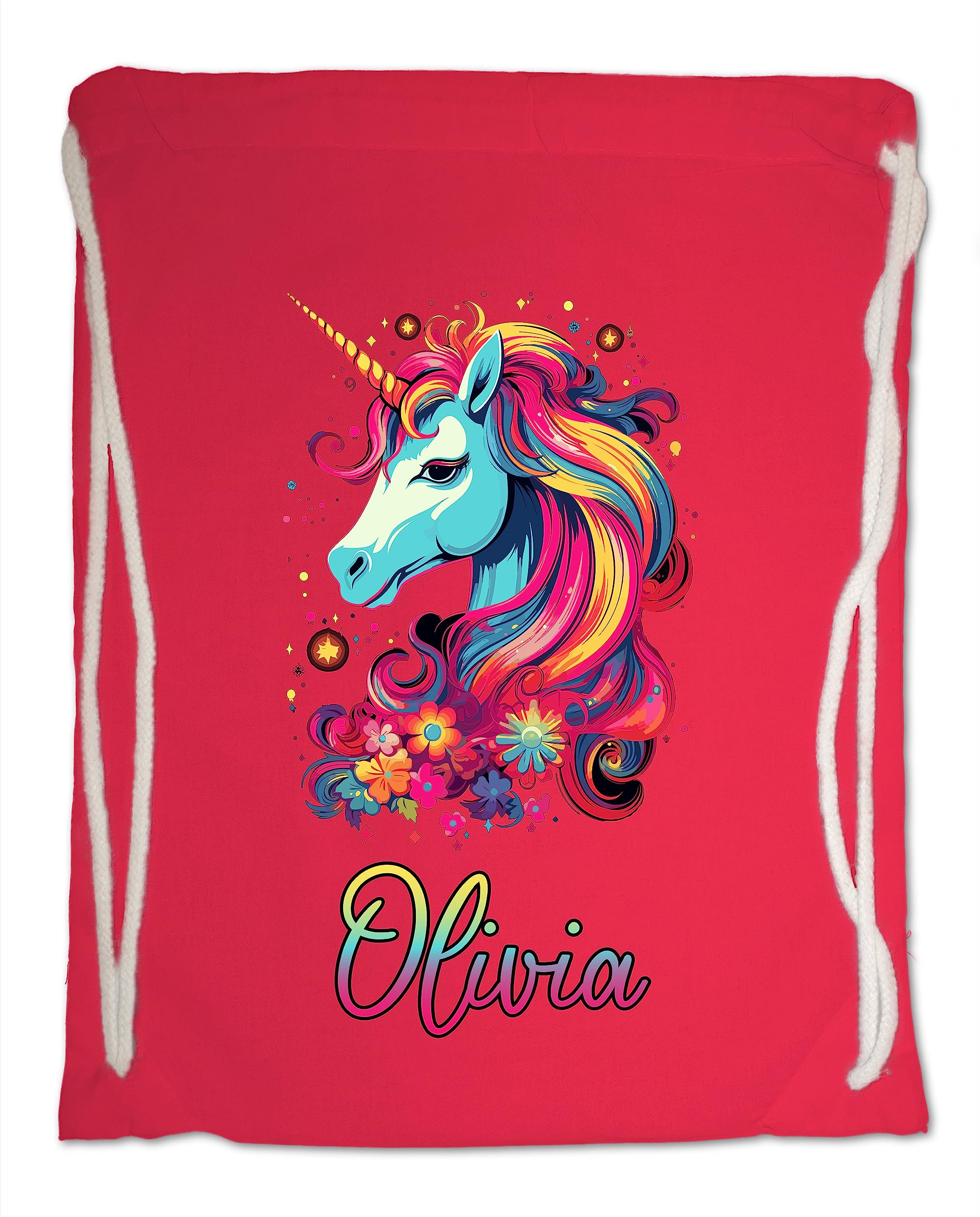 Kids Gym Bag. Personalised Any Name Neon Mane Unicorn Swimming PE School Sports Bag. Boy or Girl, Birthday Gift. Christmas. Back to School (Red)