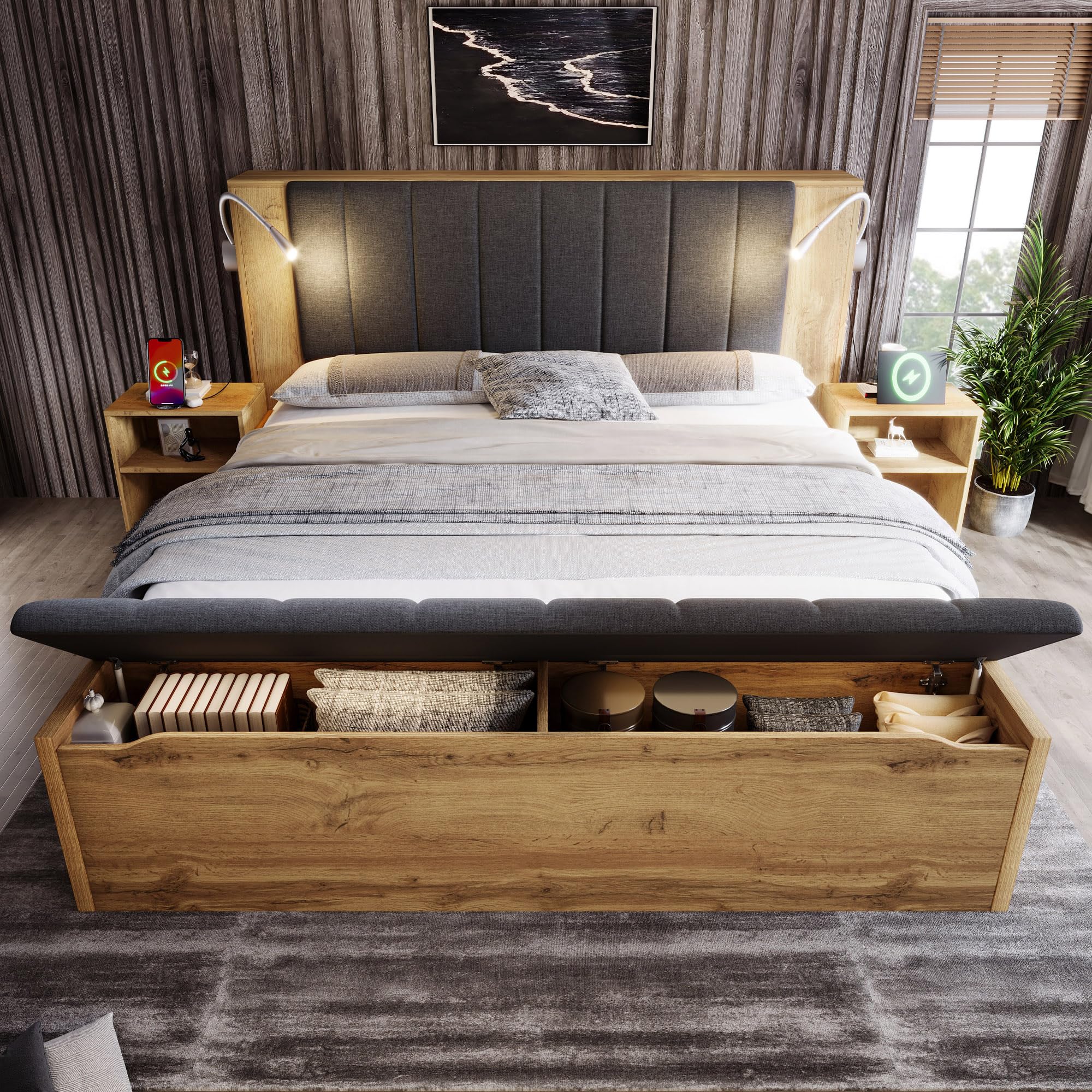 Moimhear Doppelbett, Holzbett, mit klappbarem Kopfteil aus Leinenstoff, Zwei Nachttische Bettbank mit Stauraum Leselampen, mit USB, Eiche Farbe (180x200cm)