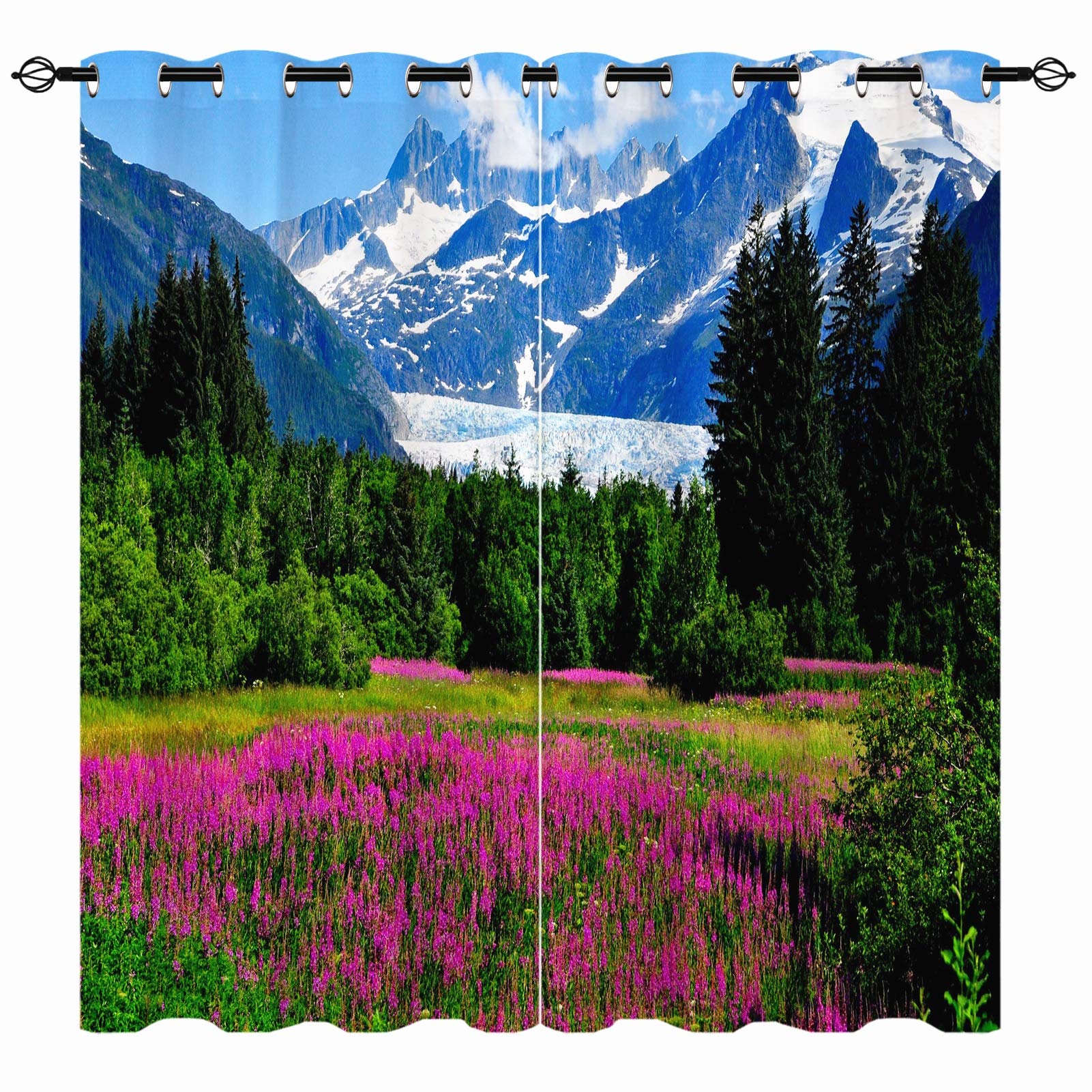 YUANZU Landscape Curtains - Spring Nature Woodland Mountain Flower Green Tree Scenery Print Pattern Eyelet Room Darkening Blackout Window Drapes for Bedroom Living Room 2 Panels Set W229cm x D229cm — image 1