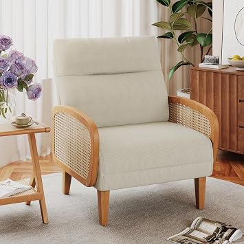Andeworld Accent Chair,Upholstered Modern Living Room Chairs with Natural Rattan Arm, Linen Fabric Arm Chair with Wooden Legs for Bedroom Club Balcony Reception, Ivory
