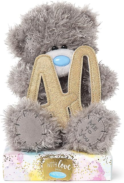 Me to You Tatty Teddy 40th Plush Bear on a Gift Plinth - Official Collection,Blue,gold,grey